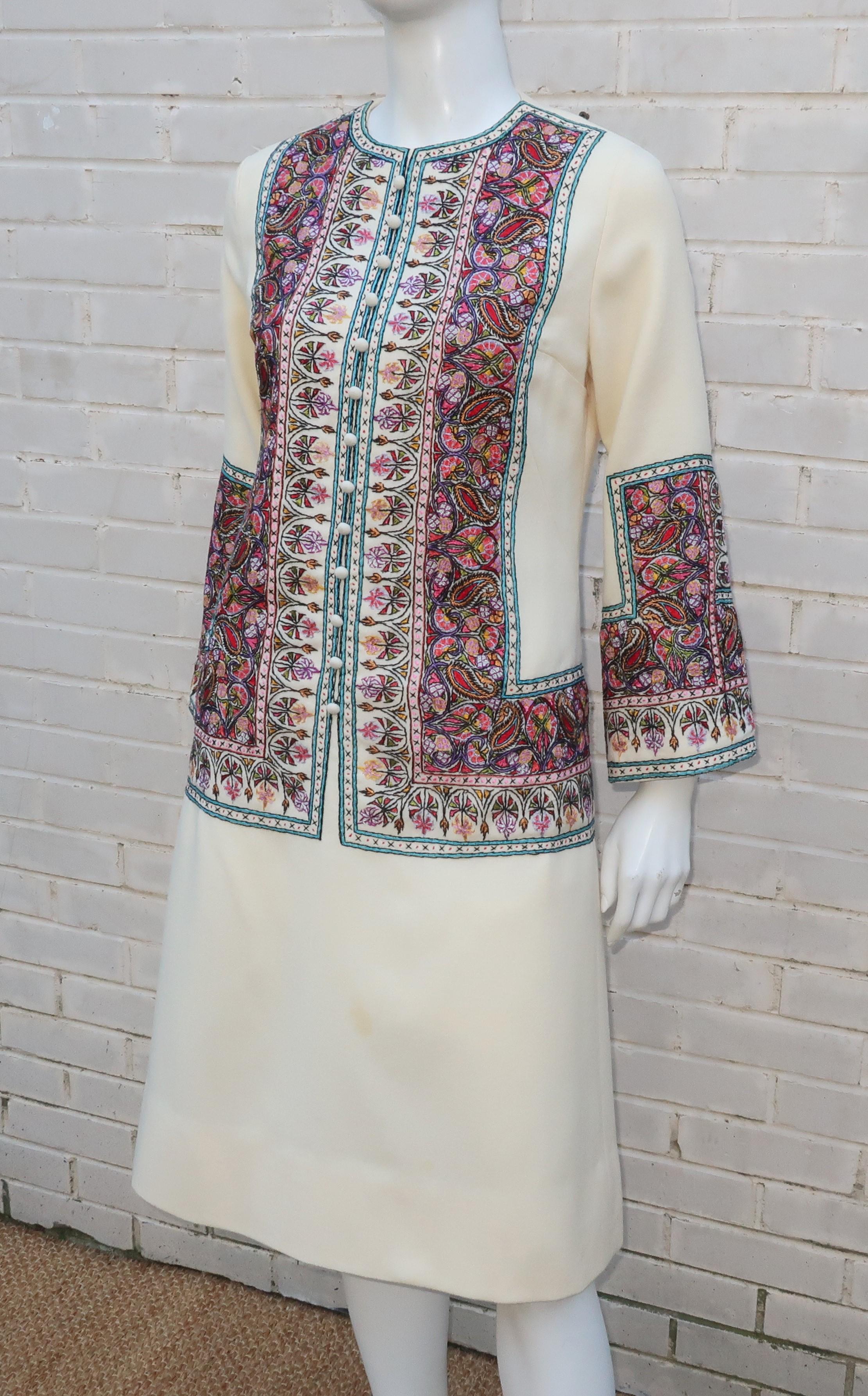 Gray Bohemian Style Embroidered Wool Dress, 1960's