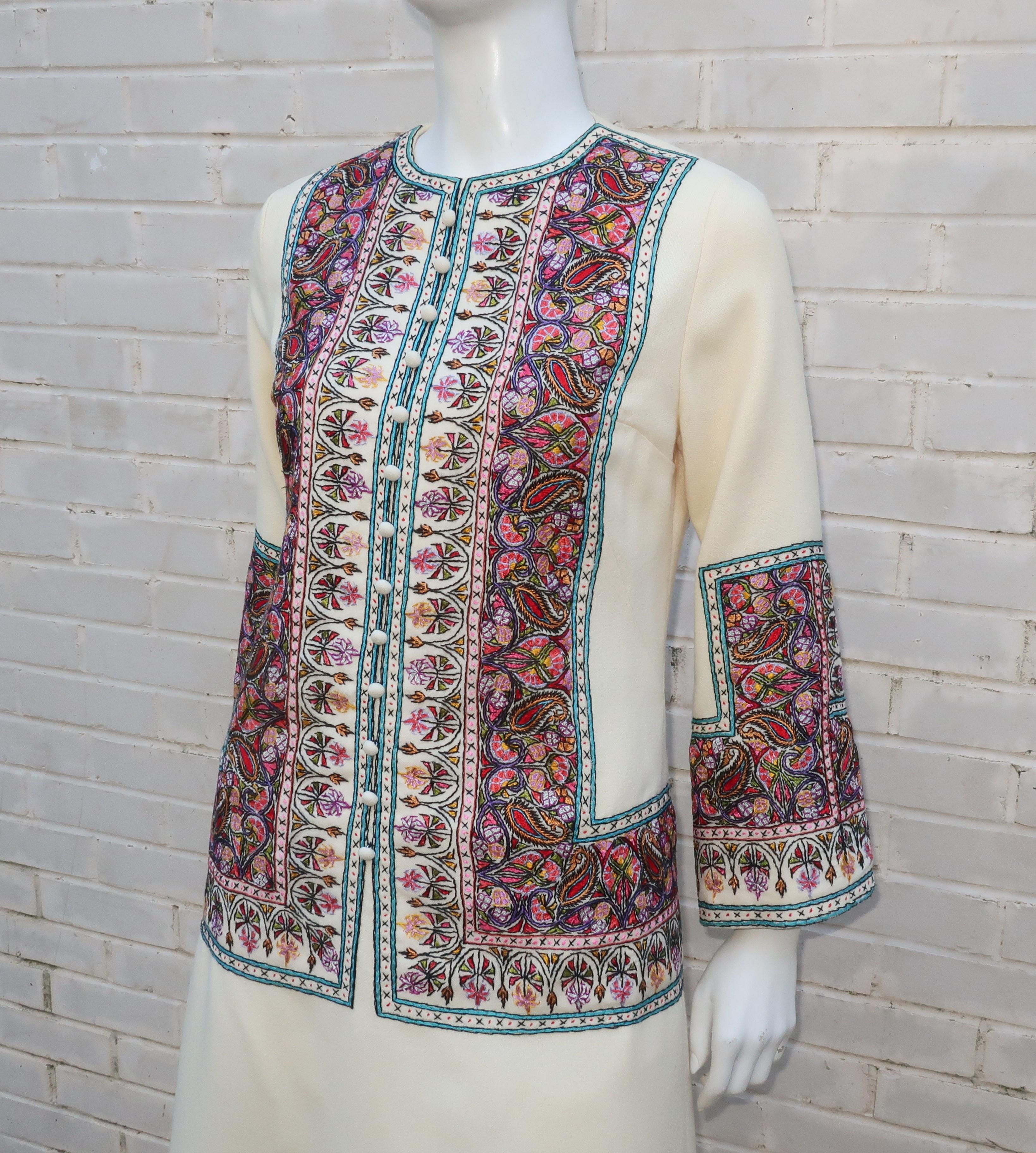 Bohemian Style Embroidered Wool Dress, 1960's In Good Condition In Atlanta, GA