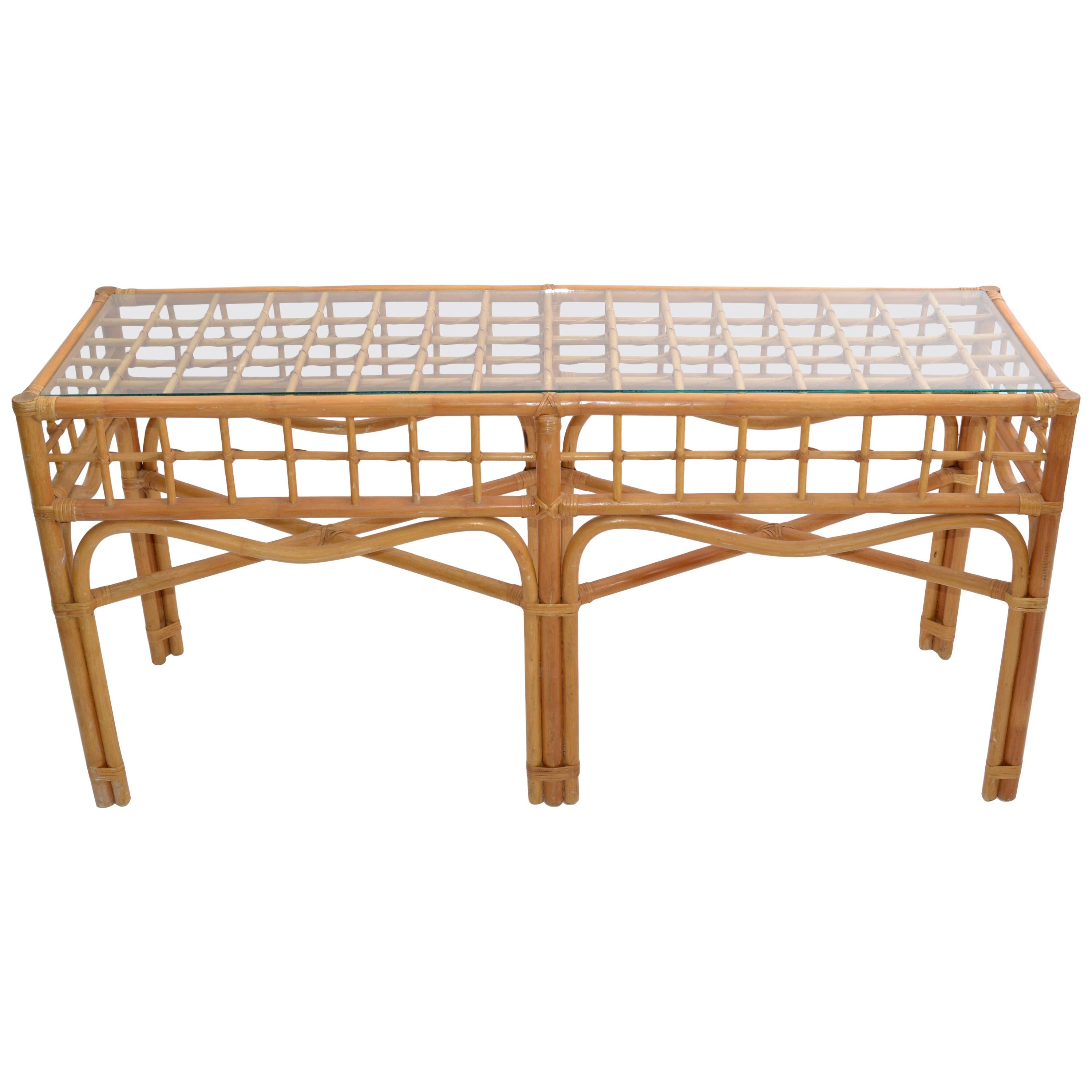 Bohemian Style Handcrafted Bent Bamboo and Rattan Console Table with Glass Top