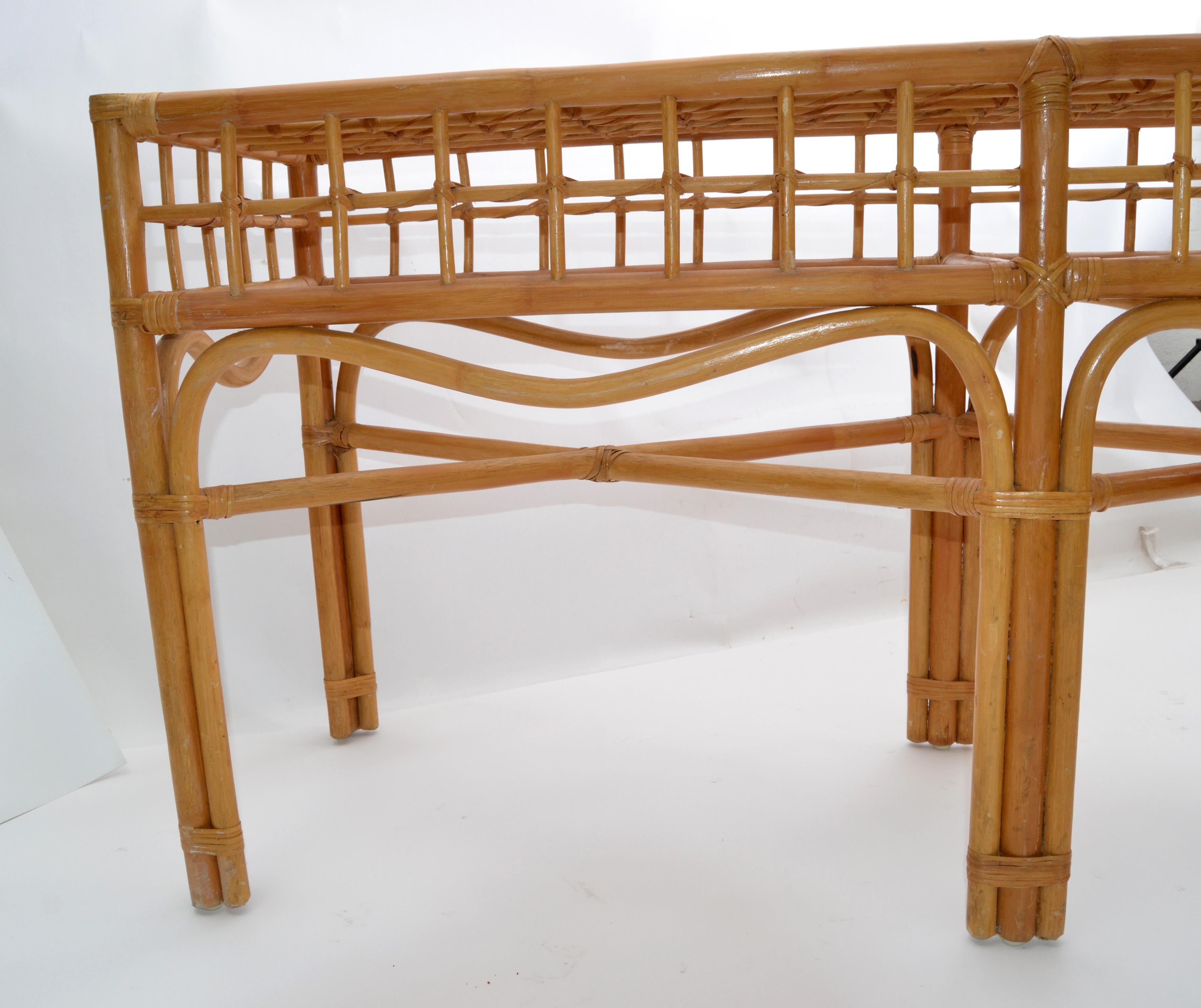 Bohemian Style Handcrafted Bent Bamboo and Rattan Console Table with Glass Top For Sale 1