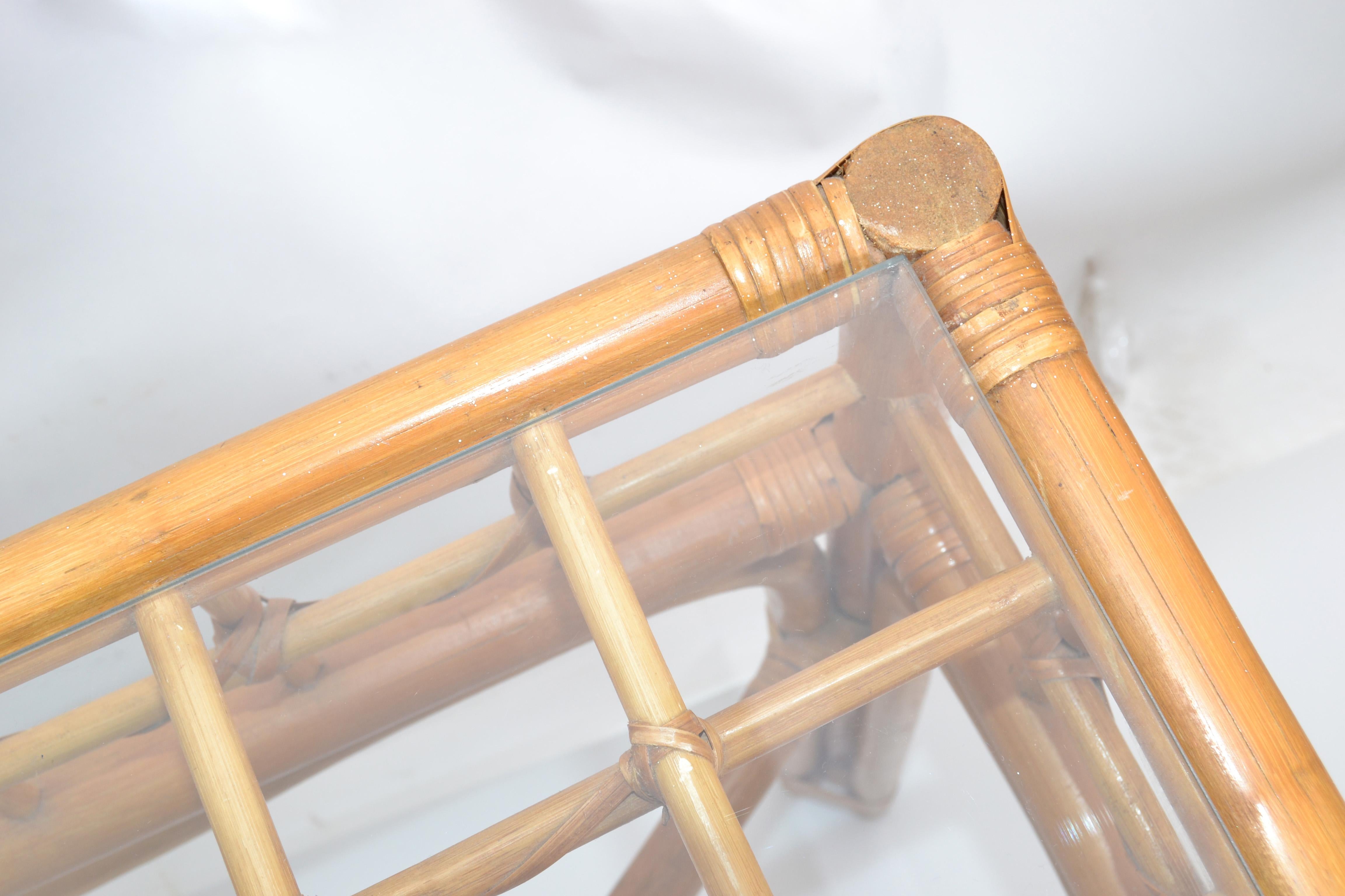 Bohemian Style Handcrafted Bent Bamboo and Rattan Console Table with Glass Top For Sale 2