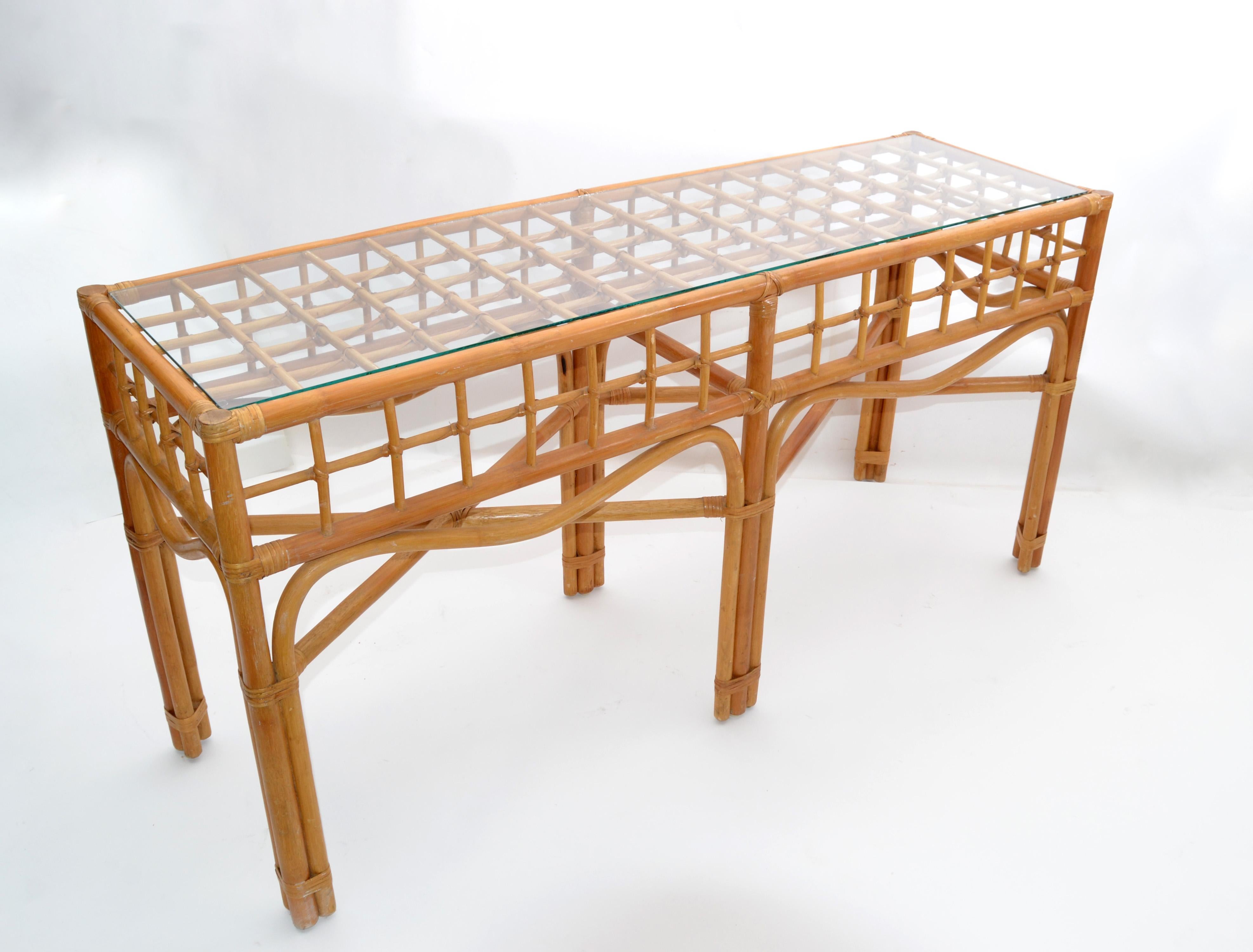 Konsolentisch aus gebogenem Bambus und Rattan im böhmischen Stil mit Glasplatte, handgefertigt im Angebot 7
