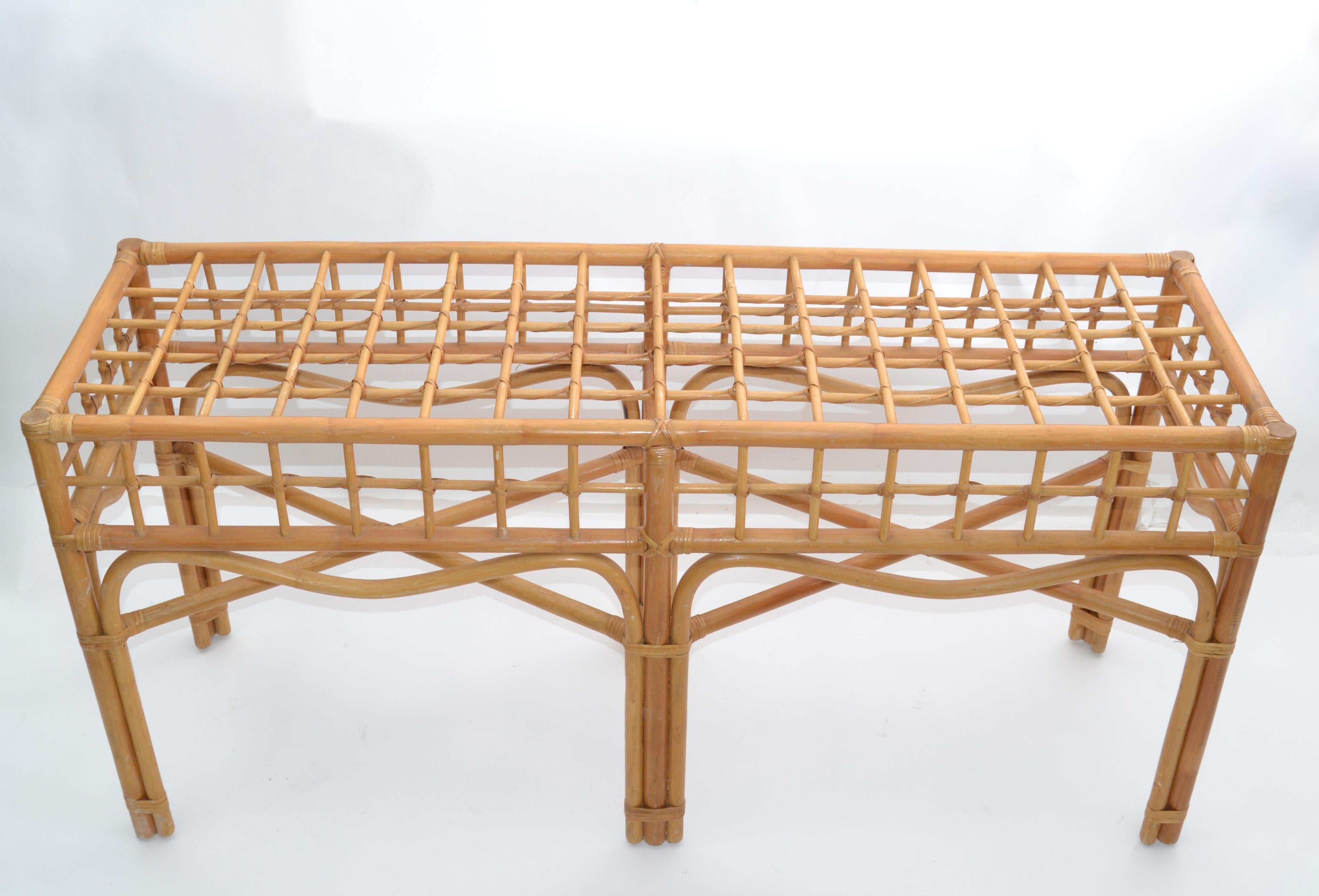 Bohemian Style Handcrafted Bent Bamboo and Rattan Console Table with Glass Top For Sale 5