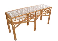 Bohemian Style Handcrafted Bent Bamboo and Rattan Console Table with Glass Top