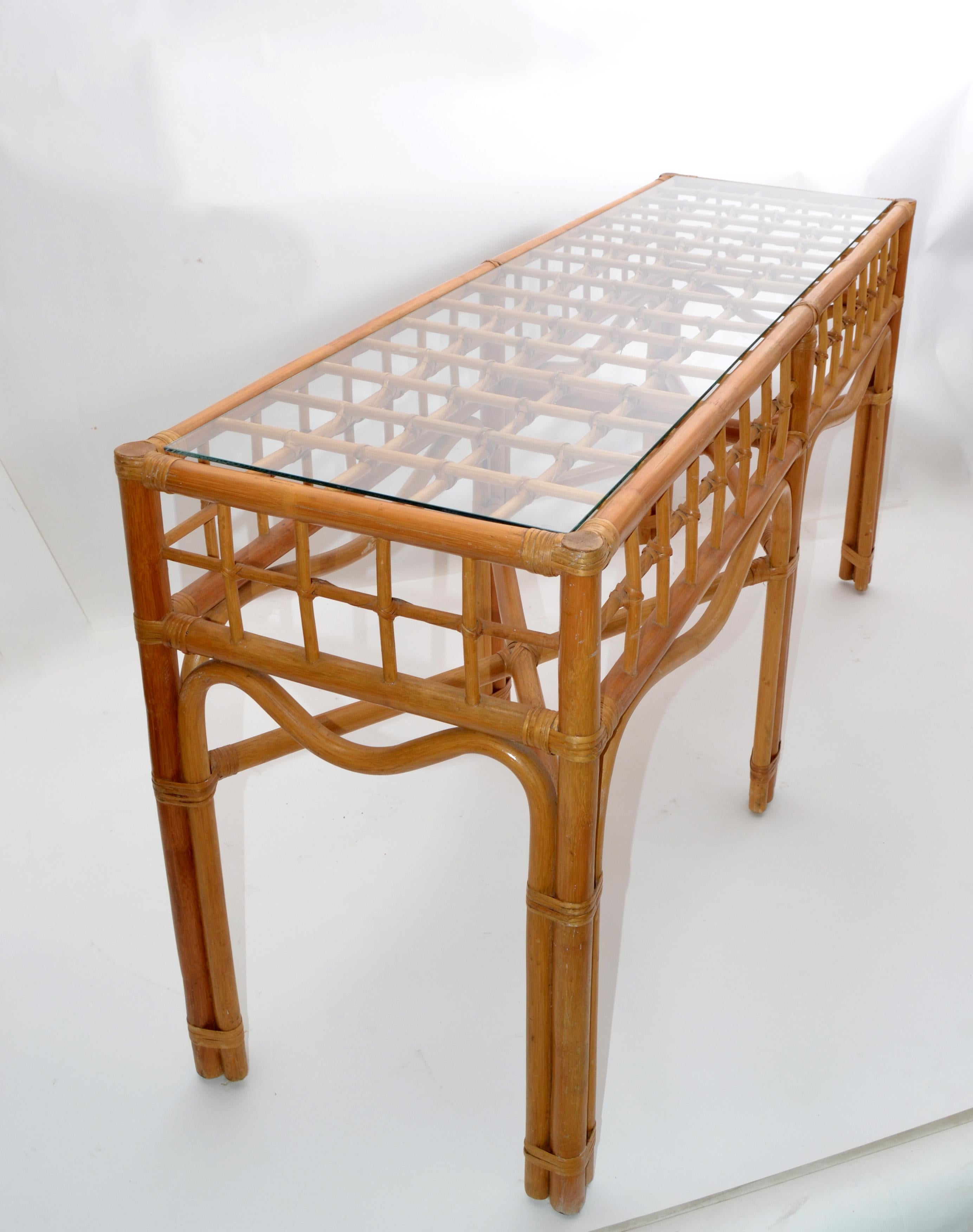 Mid-Century Modern Bohemian Style Handcrafted Bent Bamboo and Rattan Console Table with Glass Top For Sale