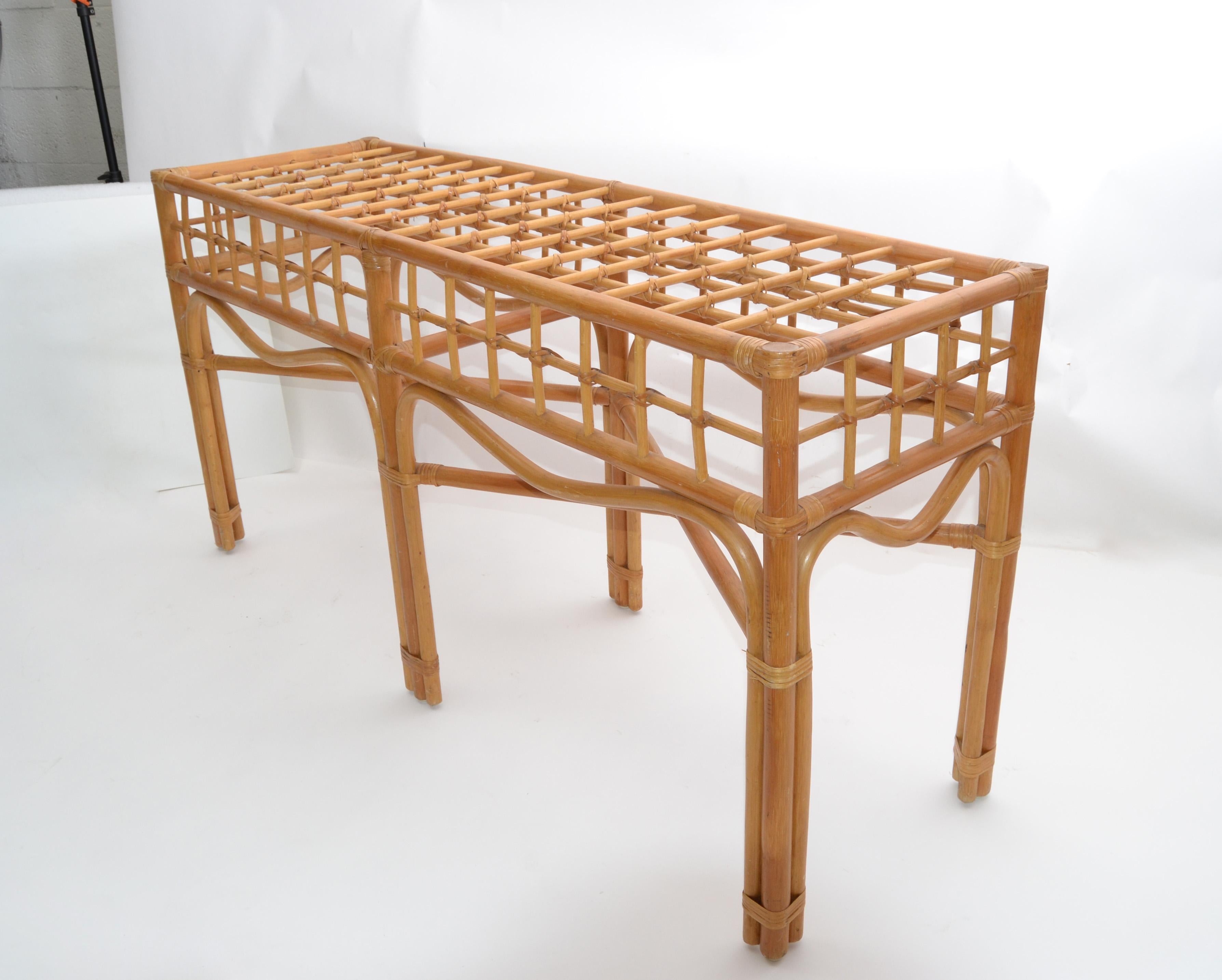Hand-Crafted Bohemian Style Handcrafted Bent Bamboo and Rattan Console Table with Glass Top For Sale