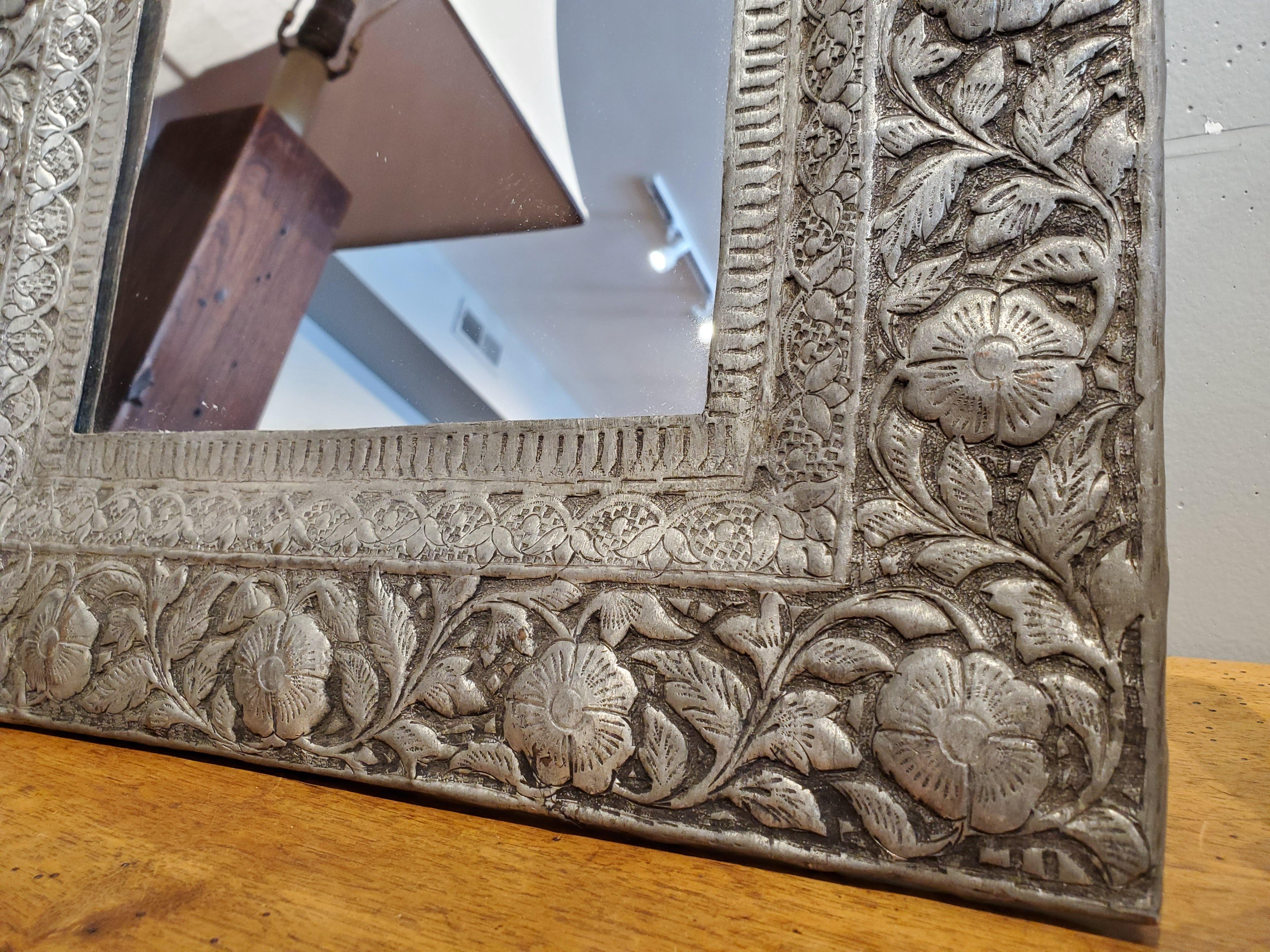 Bohemian Style Indian Hammered Metal Mirror In Good Condition In Middleburg, VA