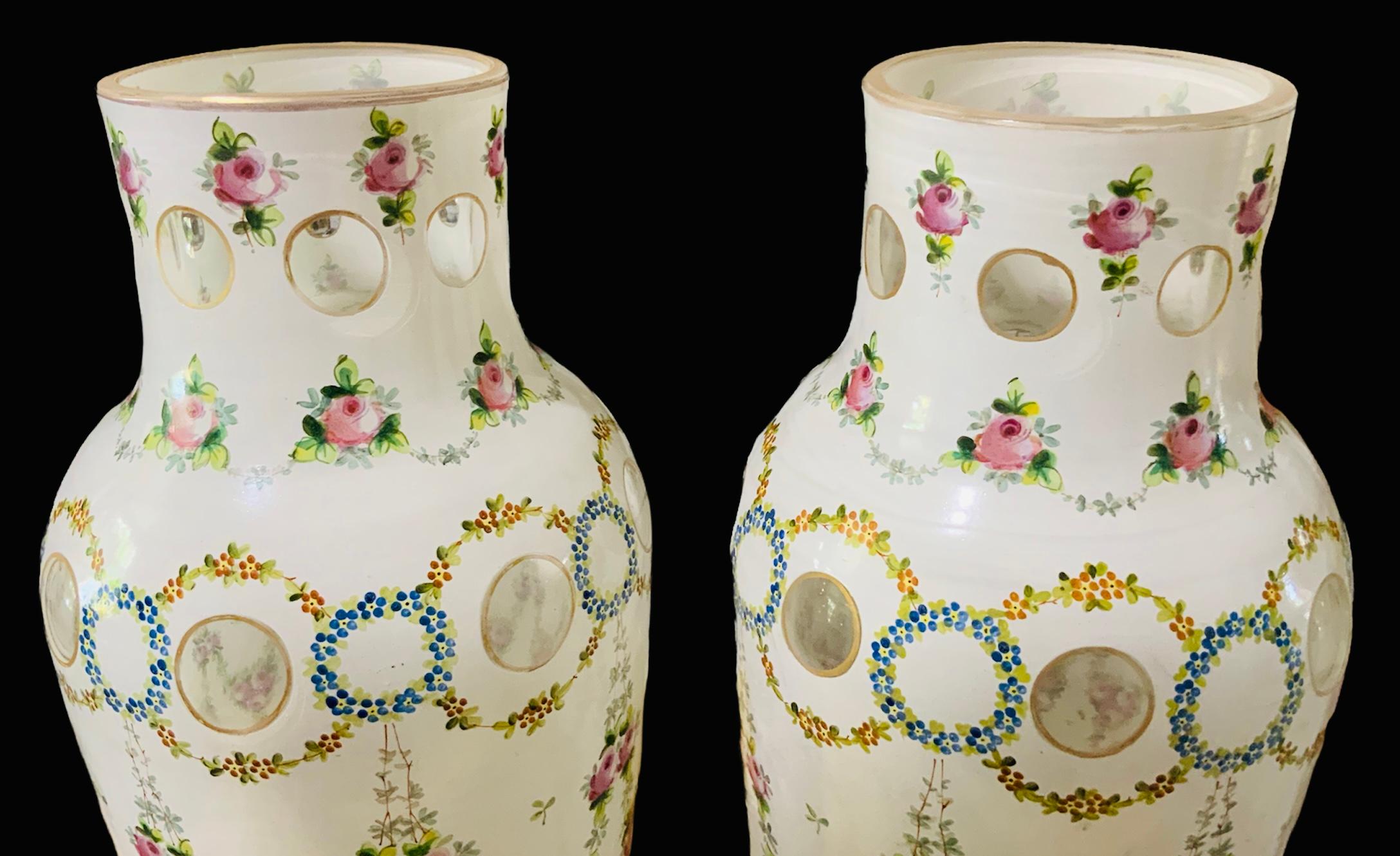 Hand-Crafted Bohemian Style Pair Of Opaline Crystal Vases For Sale