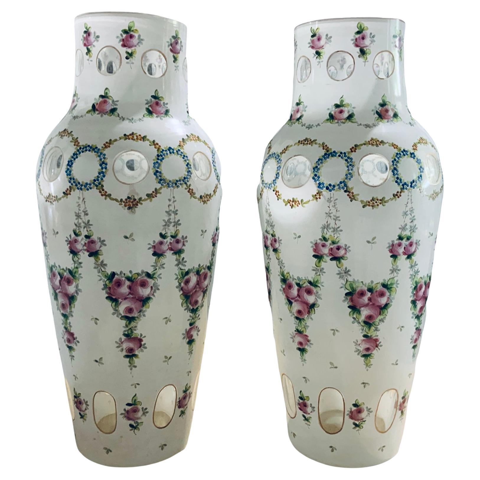 Pair Of Bohemian White Tall Overlay Crystal Glass Vases At 1stdibs