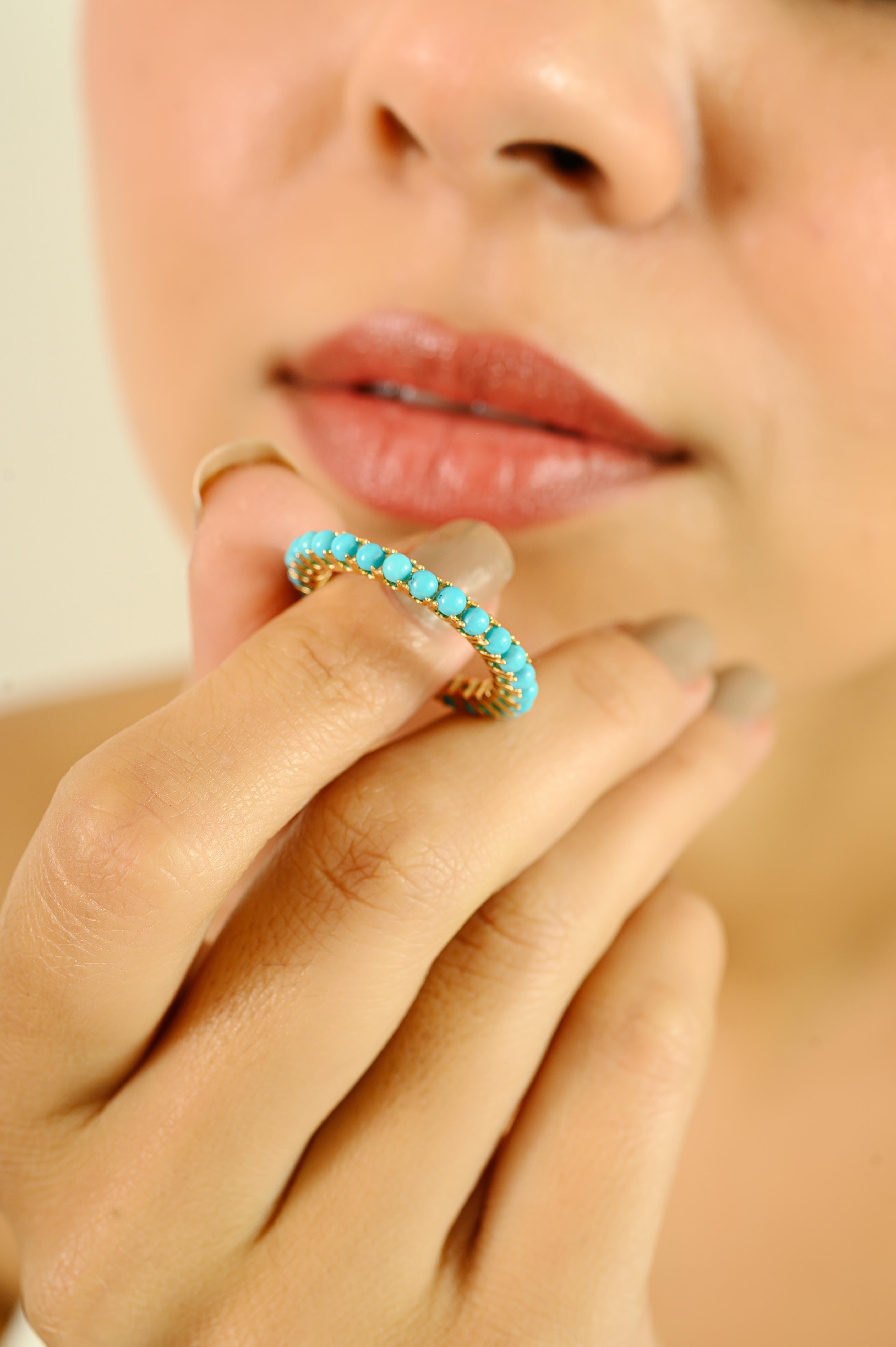 For Sale:  Bohemian Style Turquoise Eternity Band Ring in 14k Yellow Gold Gift For Her 2