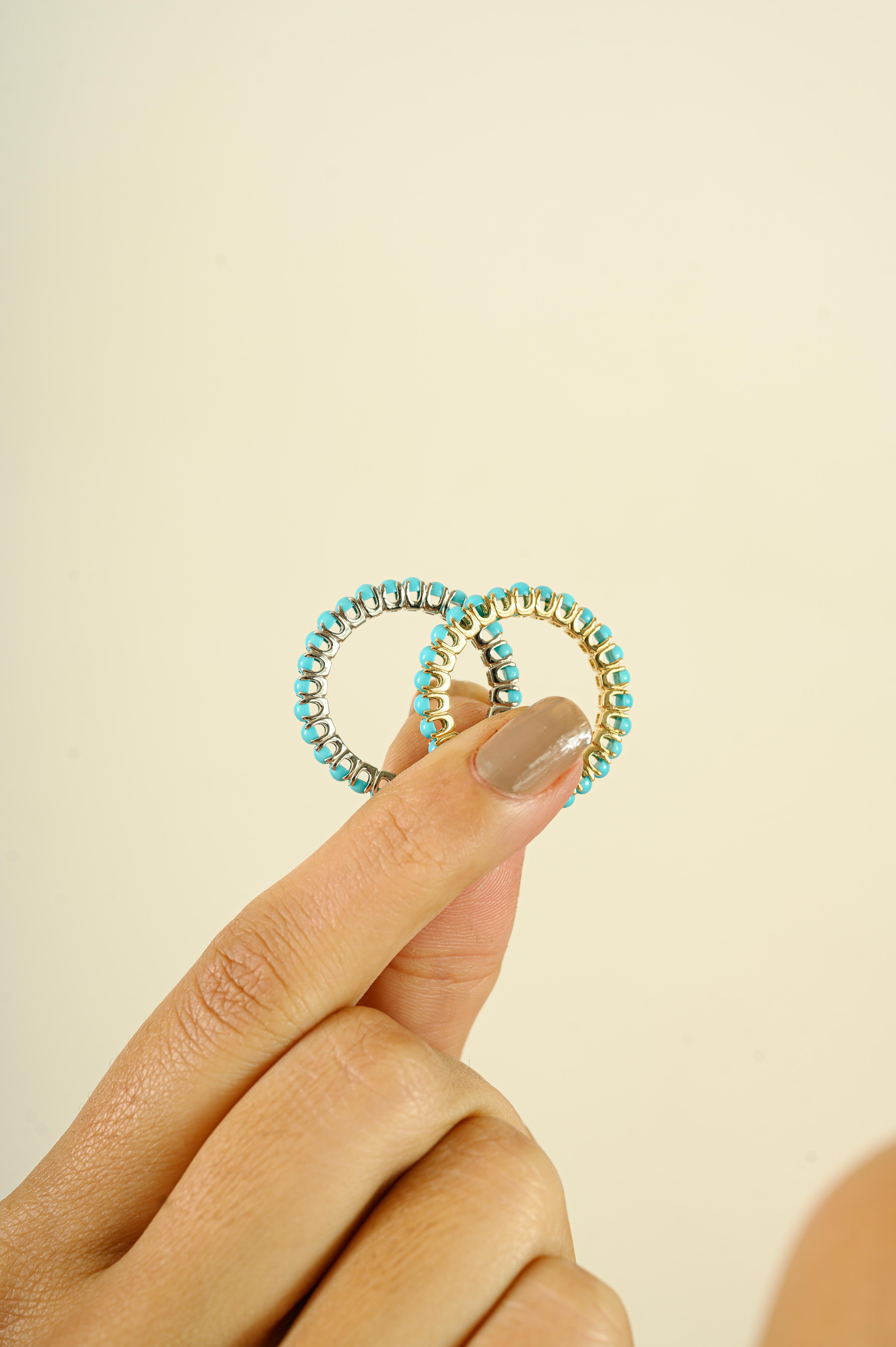 For Sale:  Bohemian Style Turquoise Eternity Band Ring in 14k Yellow Gold Gift For Her 4