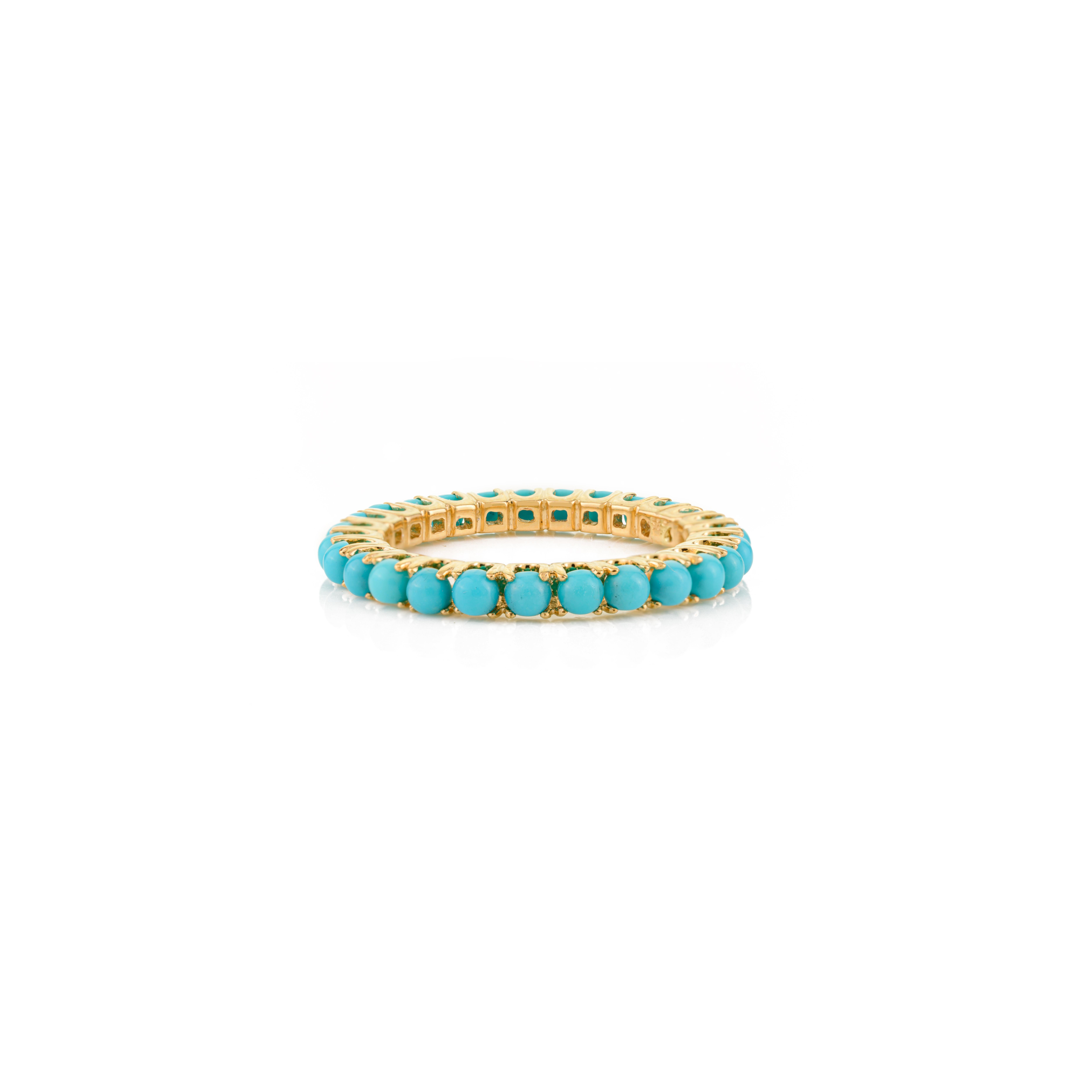 For Sale:  Bohemian Style Turquoise Eternity Band Ring in 14k Yellow Gold Gift For Her 5