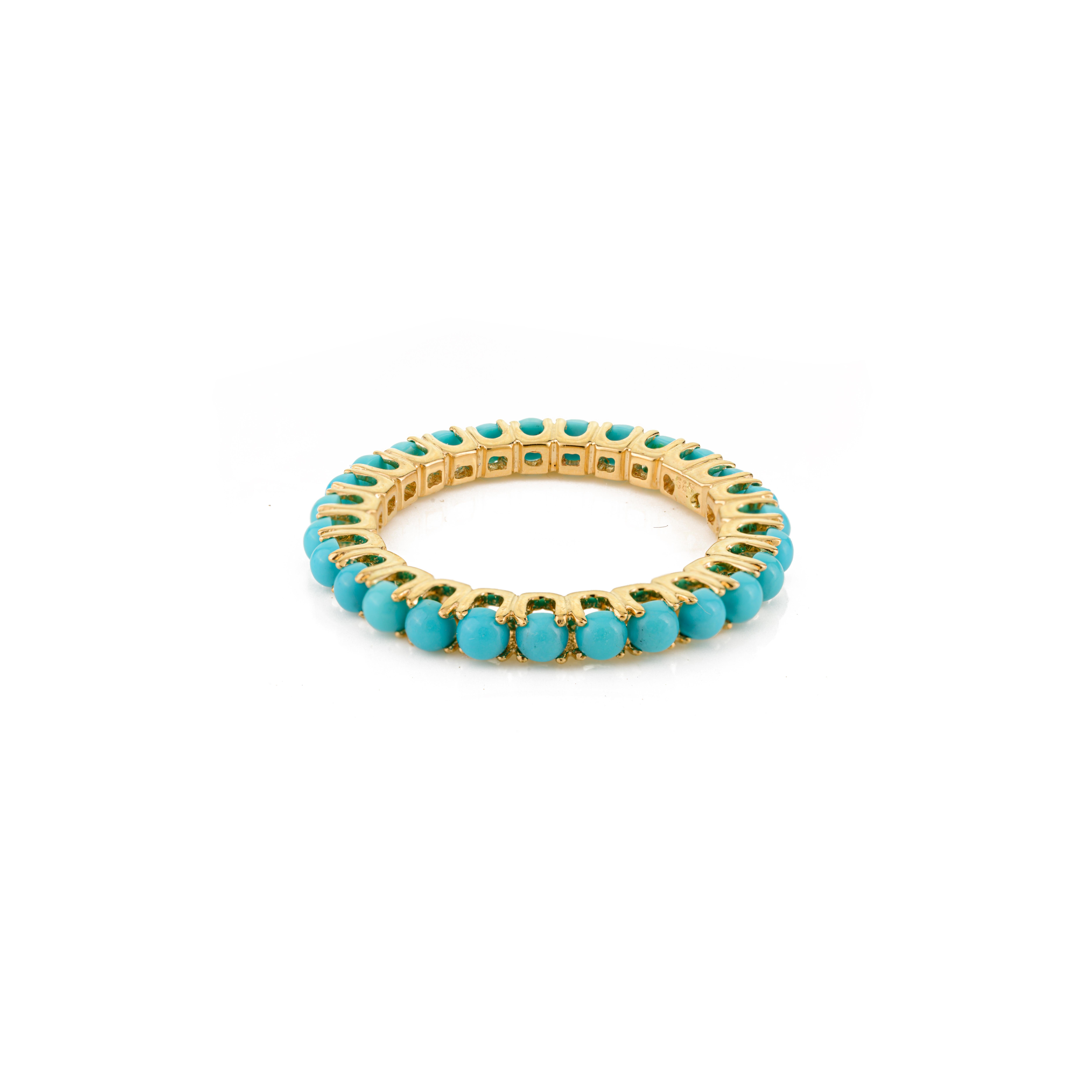 For Sale:  Bohemian Style Turquoise Eternity Band Ring in 14k Yellow Gold Gift For Her 7