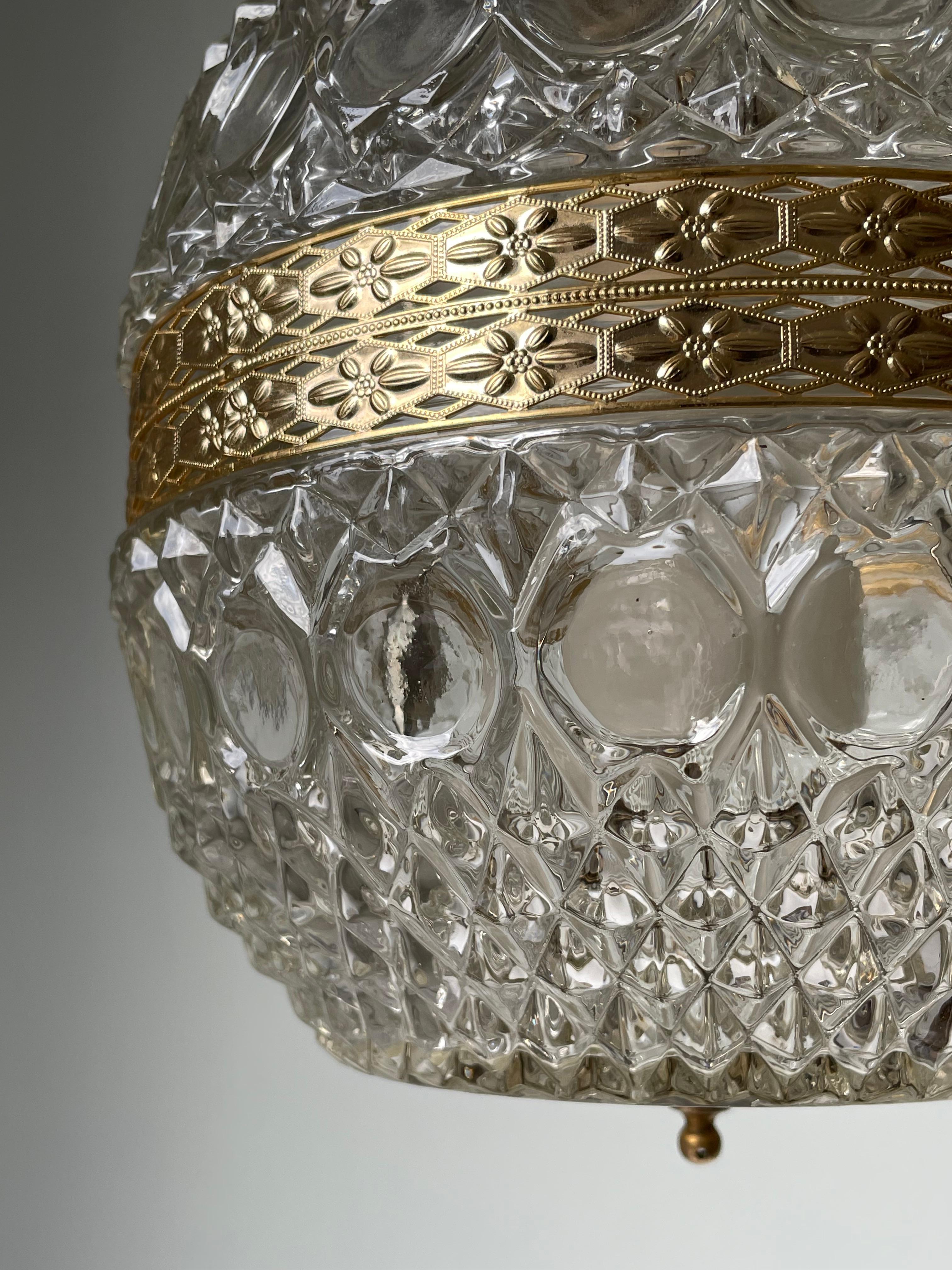 Bohemian Textured Art Glass Gilt Metal Globe Pendant, 1930s For Sale 8