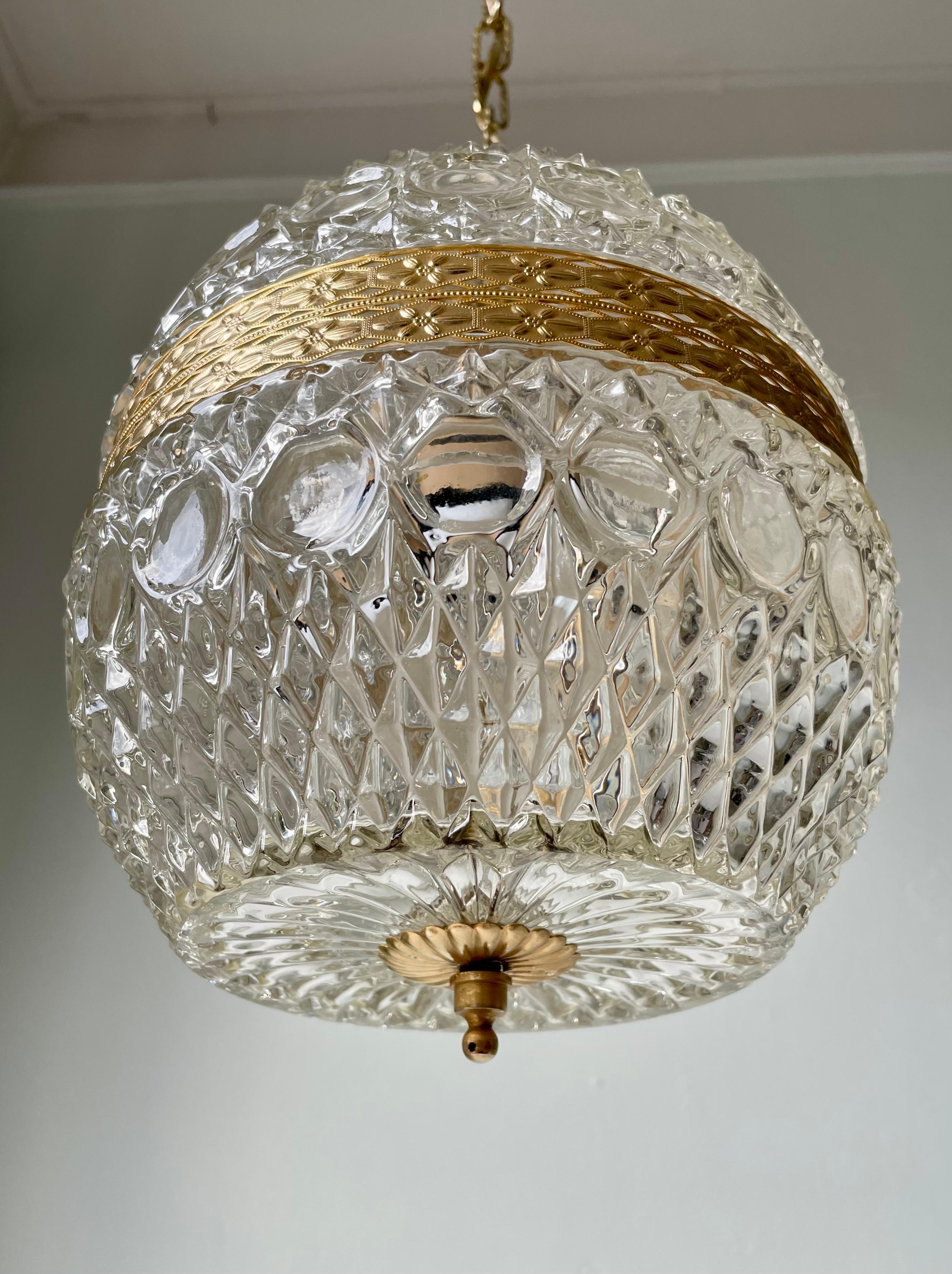 Czech Bohemian Textured Art Glass Gilt Metal Globe Pendant, 1930s For Sale
