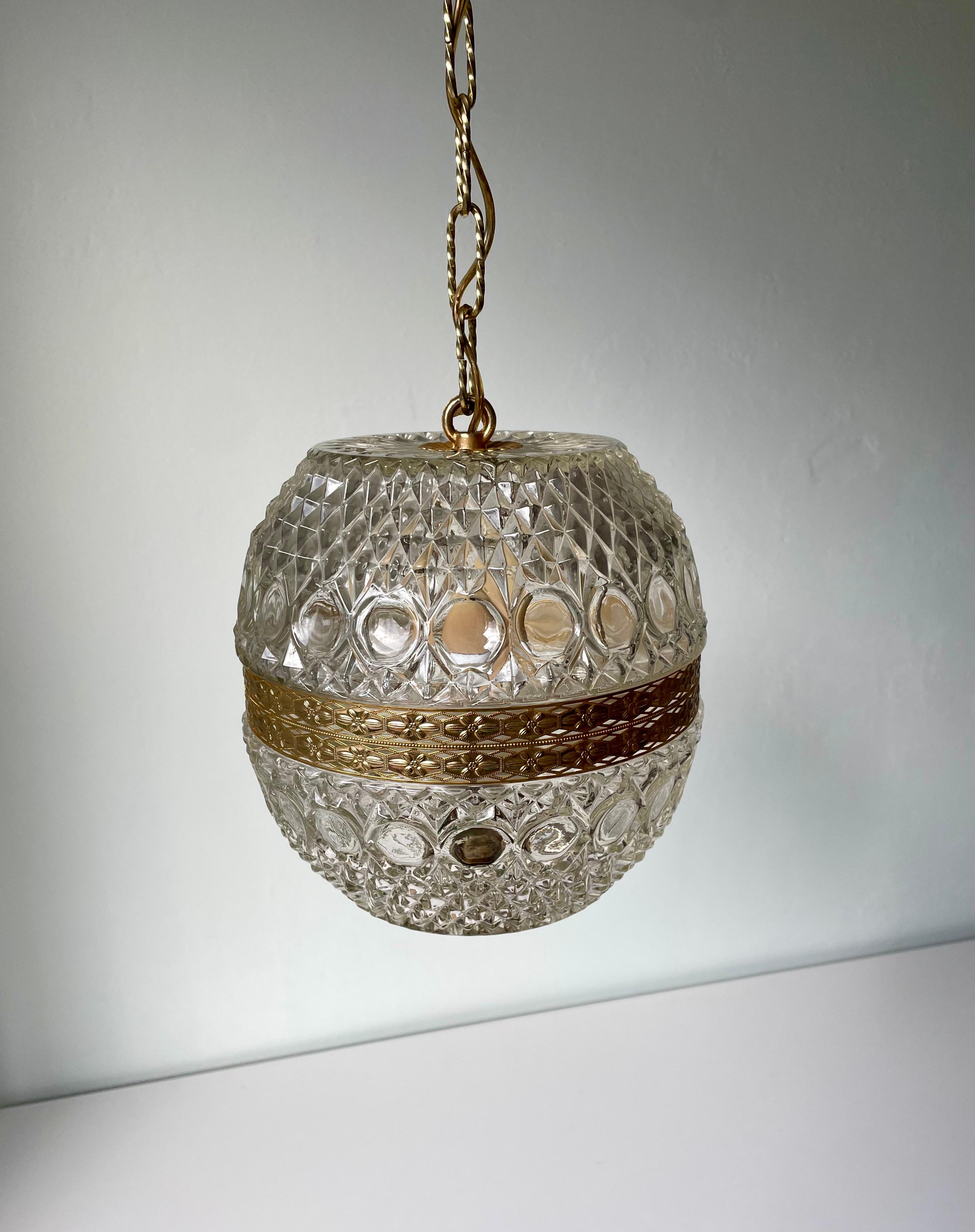 20th Century Bohemian Textured Art Glass Gilt Metal Globe Pendant, 1930s For Sale