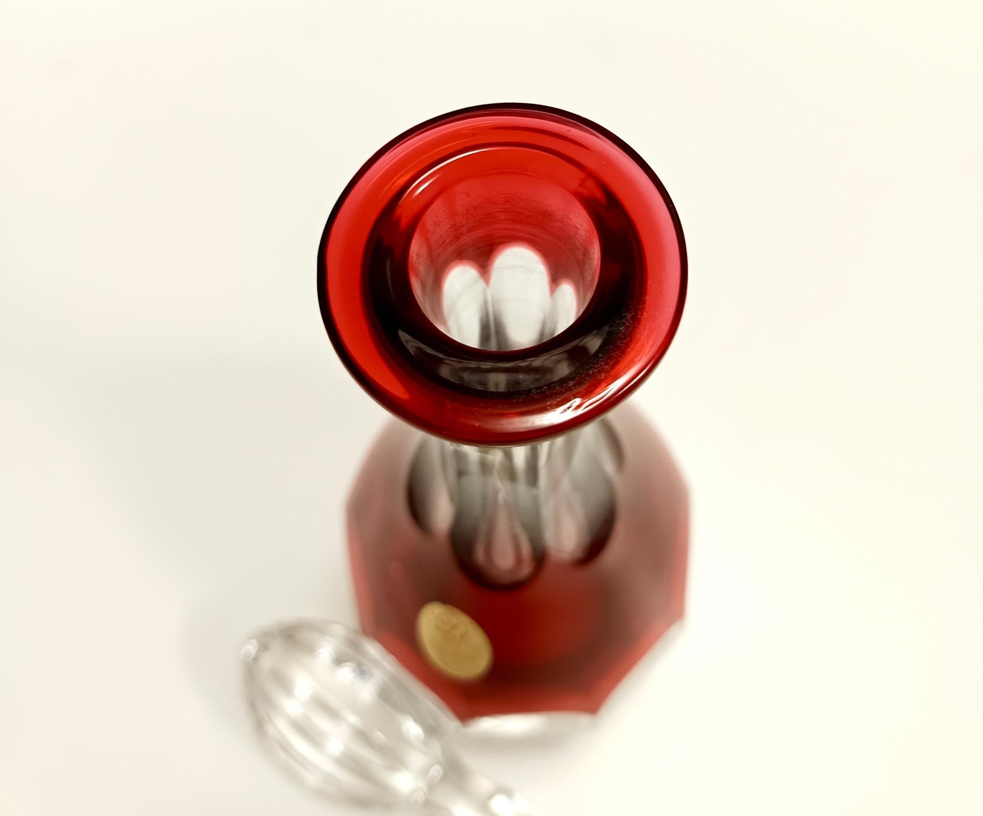 Late 20th Century Bohemian Transparent and Red Crystal Decanter Bottle by Dresden Crystal, Italy For Sale