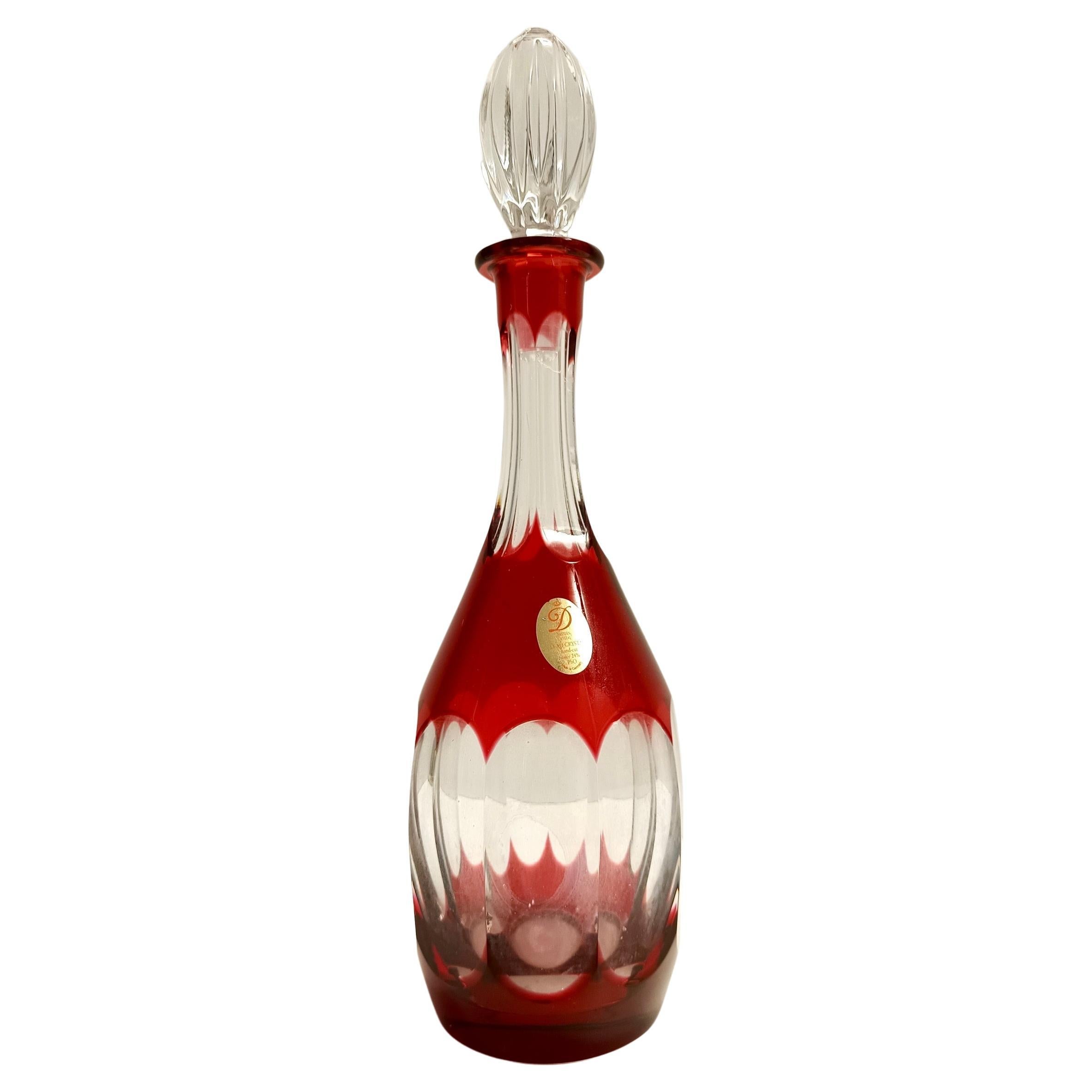 Bohemian Transparent and Red Crystal Decanter Bottle by Dresden Crystal, Italy For Sale
