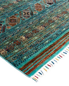 Bohemian Tribal Hand Knotted Wool Aqua Area Rug 8' 8" x 11' 11"