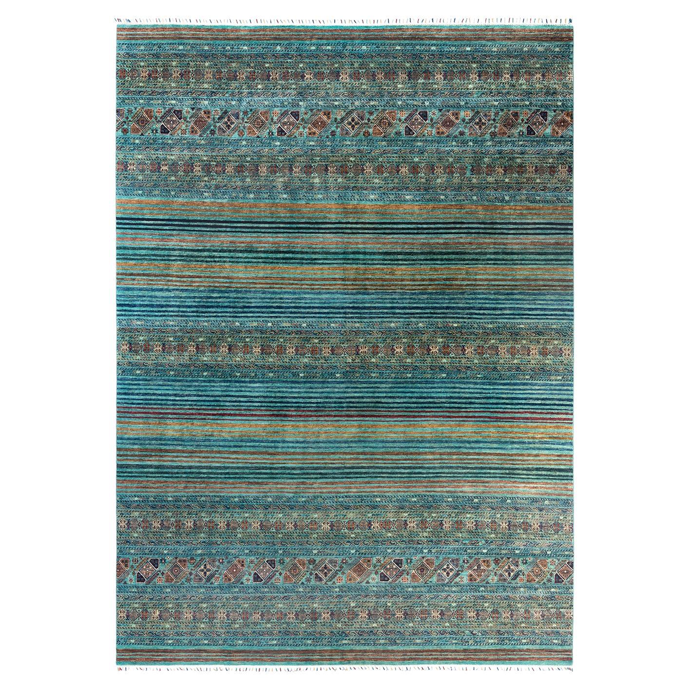 Bohemian Tribal Hand Knotted Wool Aqua Area Rug 8' 8" x 11' 11"