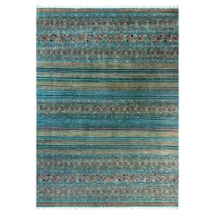 Bohemian Tribal Hand Knotted Wool Aqua Area Rug 8' 8" x 11' 11"