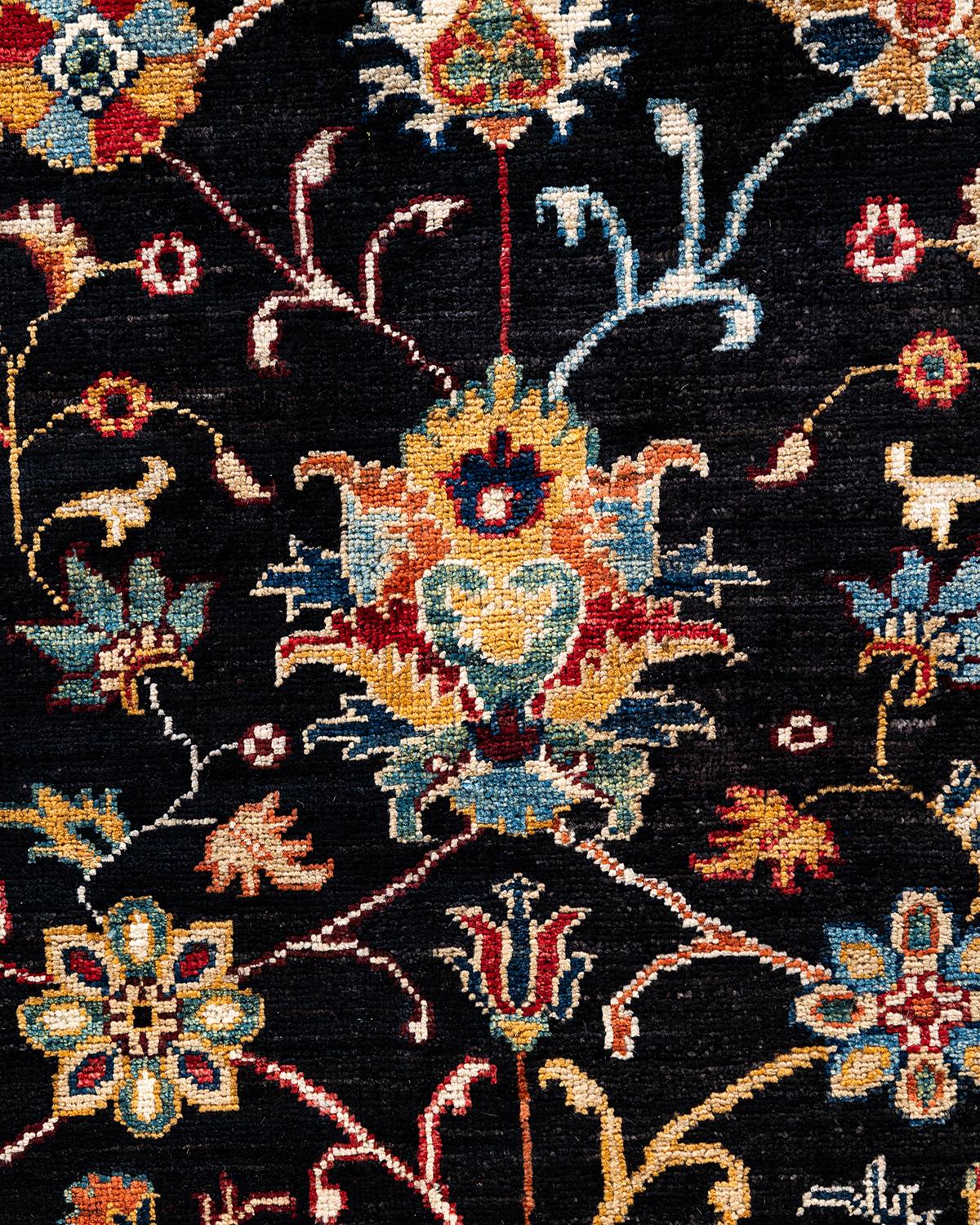 Bohemian Tribal Handgeknüpfter schwarzer Wollteppich 8' 1