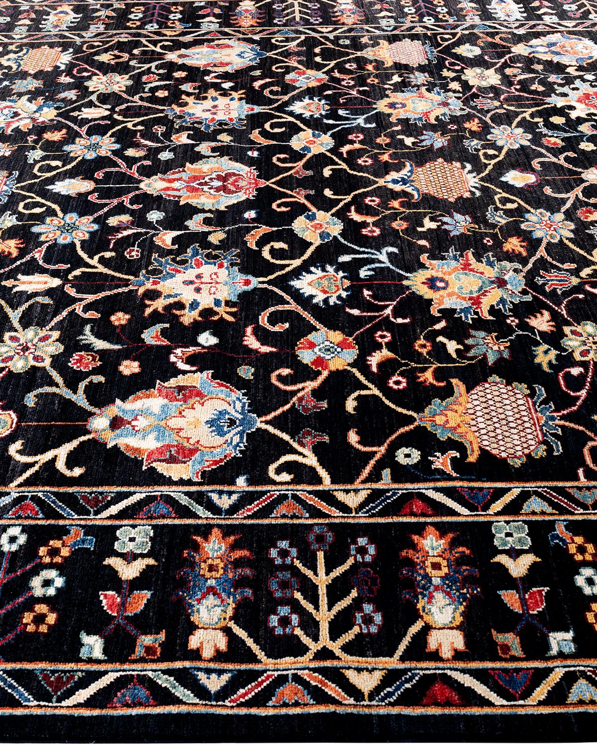 Bohemian Tribal Handgeknüpfter schwarzer Wollteppich 8' 1