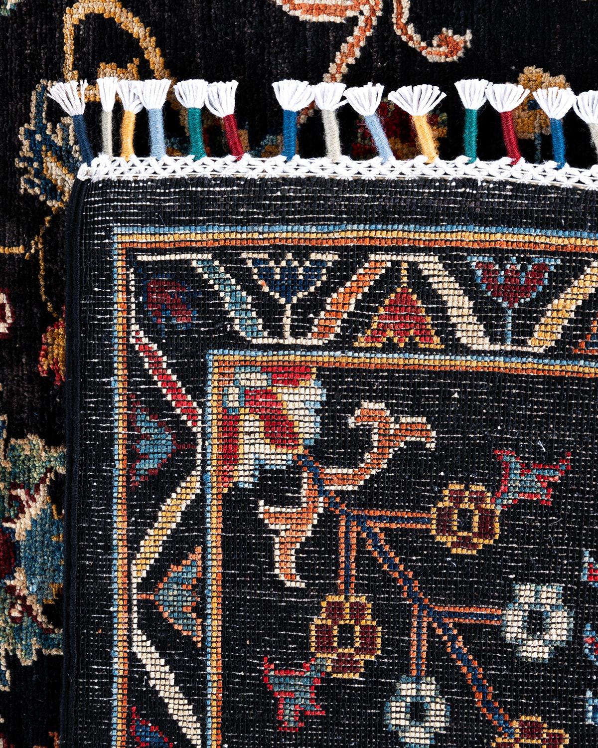 Bohemian Tribal Handgeknüpfter schwarzer Wollteppich 8' 1