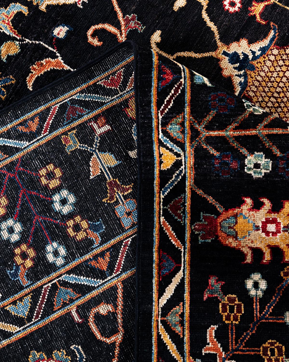 Bohemian Tribal Handgeknüpfter schwarzer Wollteppich 8' 1