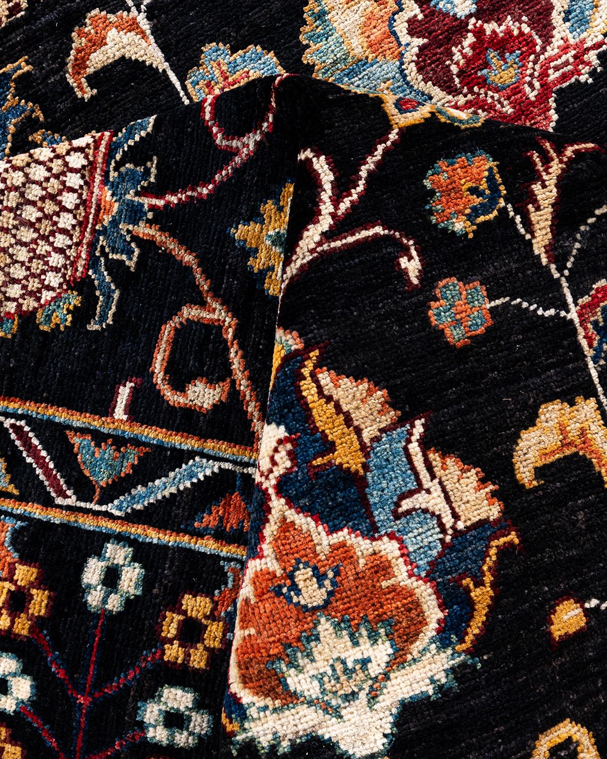 Bohemian Tribal Handgeknüpfter schwarzer Wollteppich 8' 1