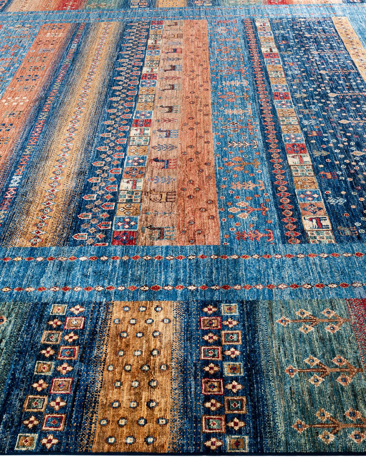 Hand-Knotted Bohemian Tribal Hand Knotted Wool Blue Area Rug 9' 2