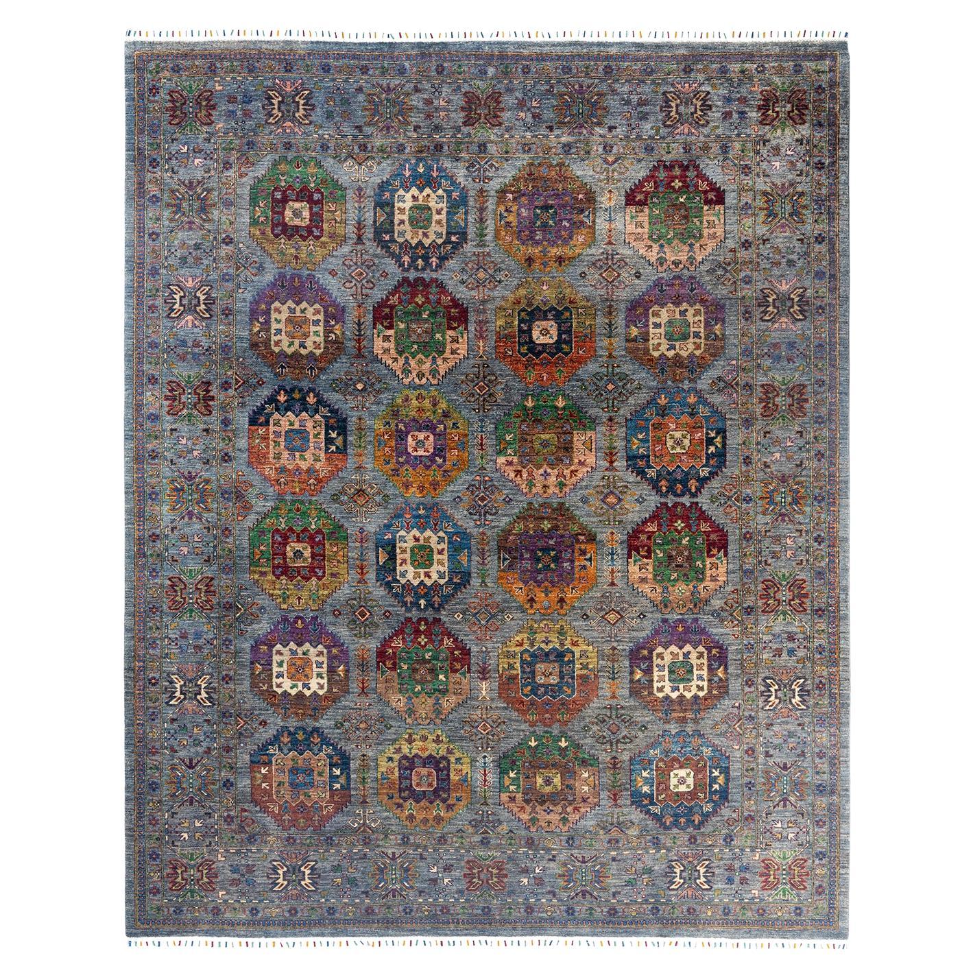 Handgeknüpfter grauer Teppich aus Wolle im böhmischen Stammesstil 8' 3" x 10' 0"