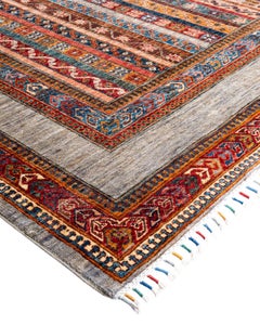 Handgeknüpfter grauer Teppich aus Wolle im böhmischen Stammesstil 8' 3" x 9' 6"