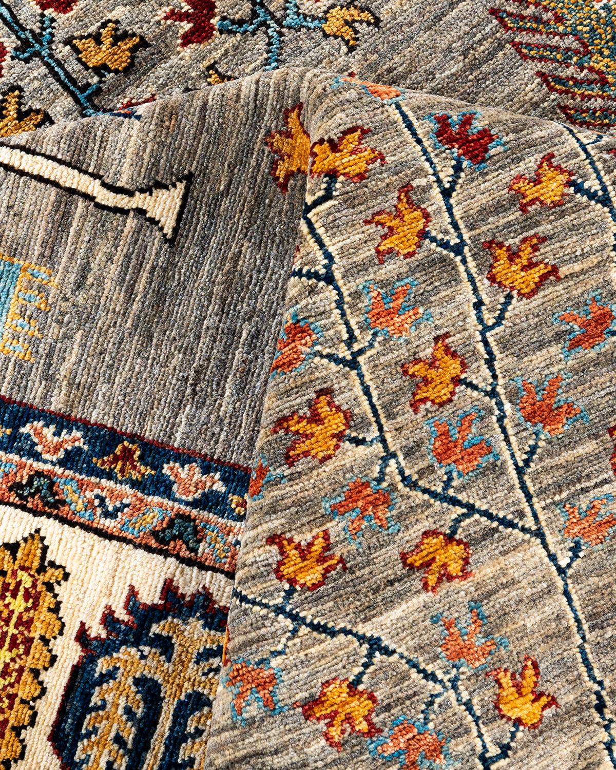 Laine Tapis de laine gris de Bohème noué à la main 8' 4