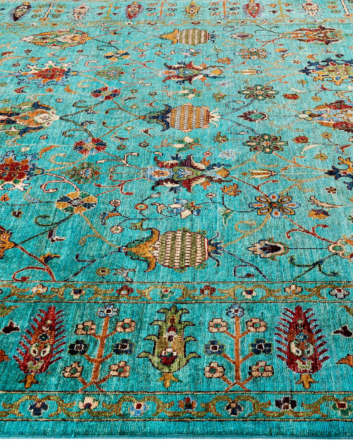 Noué à la main Tapis de laine vert de Bohème noué à la main 8' 1