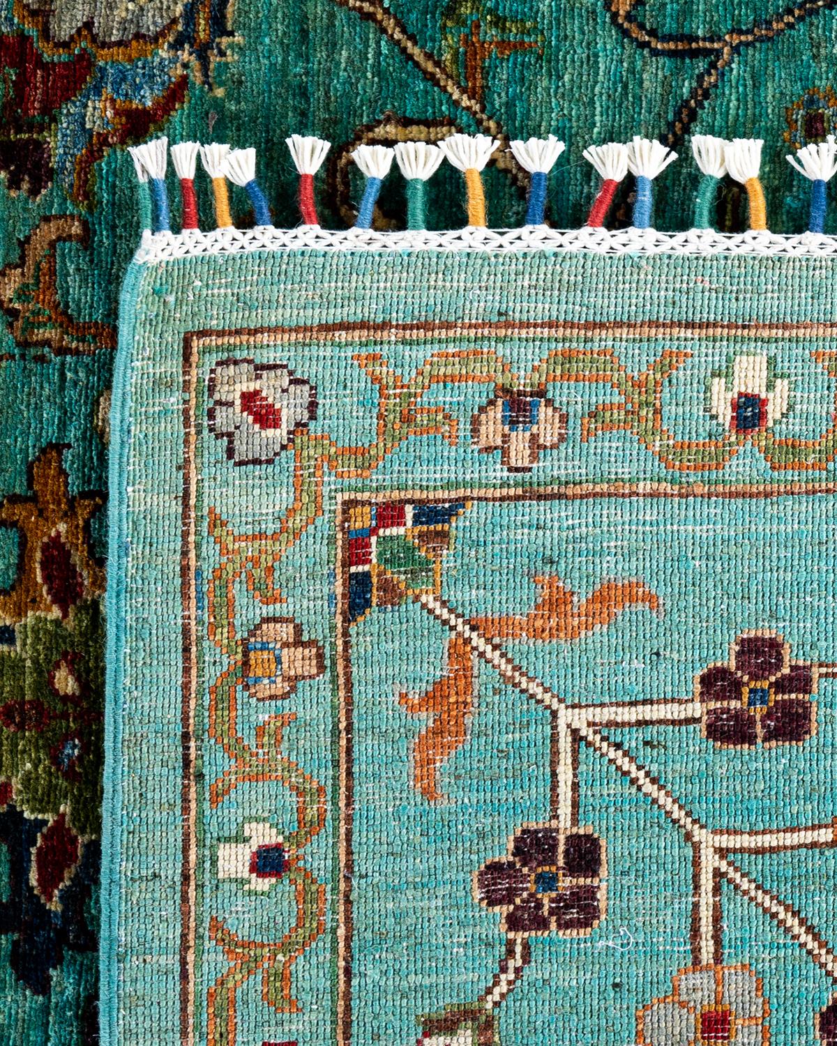 Tapis de laine vert de Bohème noué à la main 8' 1