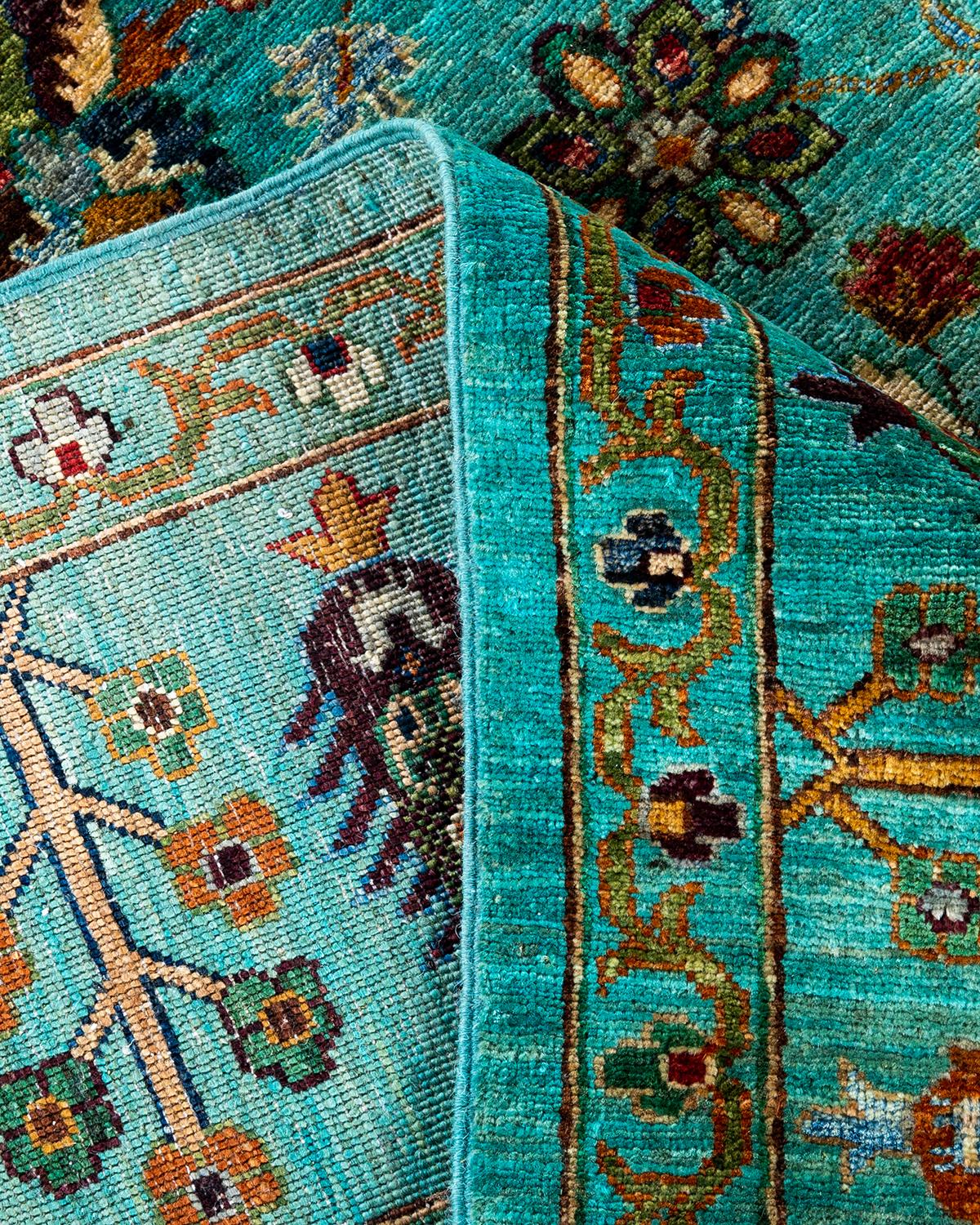 XXIe siècle et contemporain Tapis de laine vert de Bohème noué à la main 8' 1