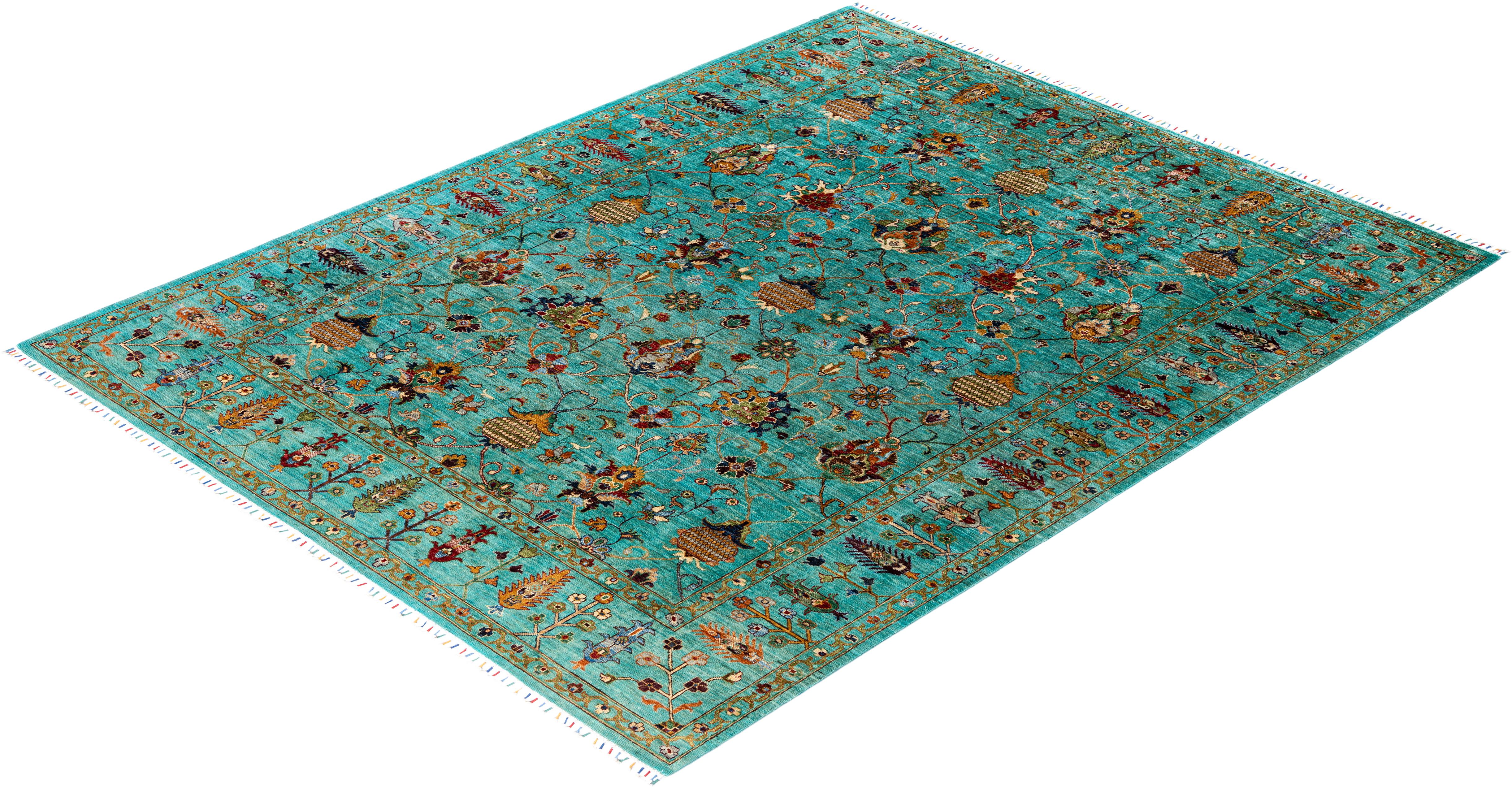 Tapis de laine vert de Bohème noué à la main 8' 1