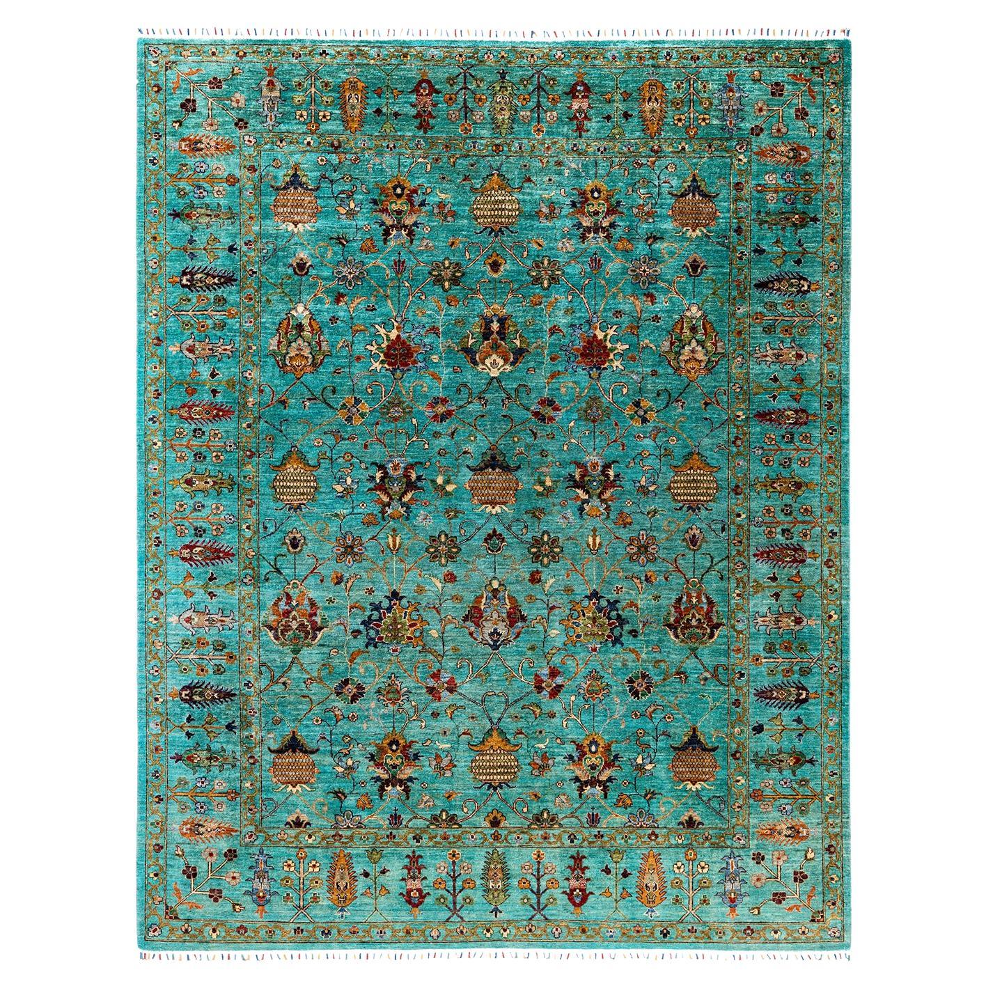Tapis de laine vert de Bohème noué à la main 8' 1" x 10' 3" en vente