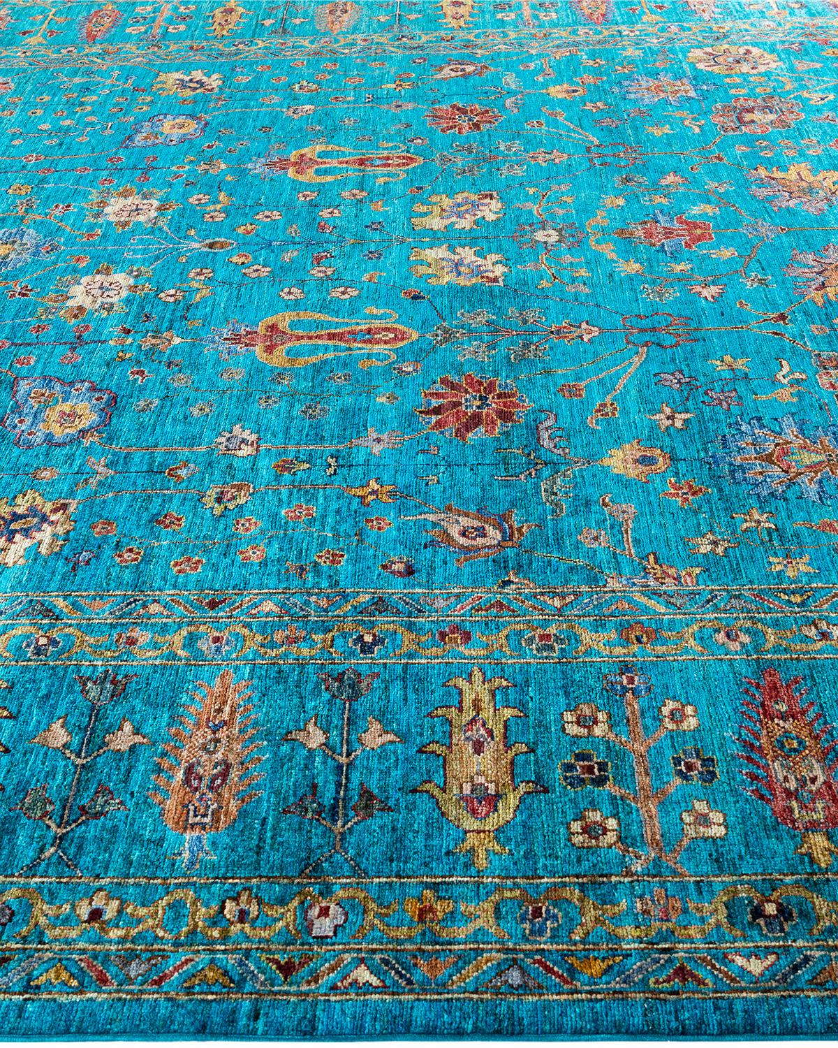Noué à la main Tapis de laine vert de Bohème noué à la main 8' 10