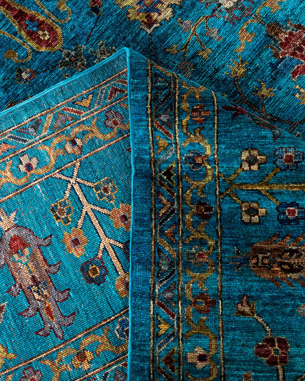 XXIe siècle et contemporain Tapis de laine vert de Bohème noué à la main 8' 10