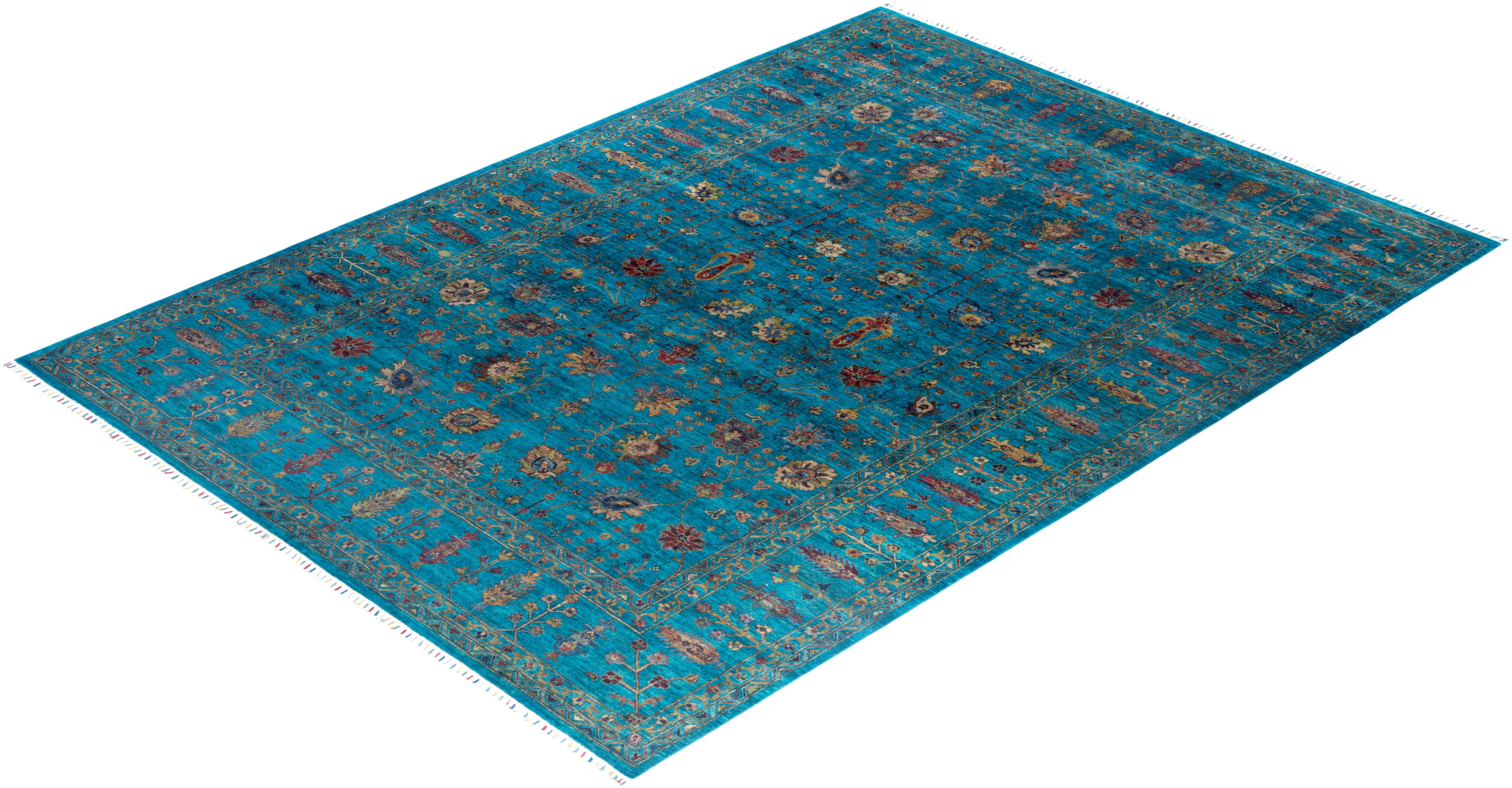 Tapis de laine vert de Bohème noué à la main 8' 10
