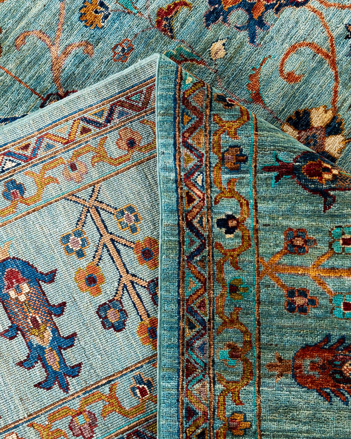 Contemporary Bohemian Tribal Hand Knotted Wool Green Area Rug 8' 11