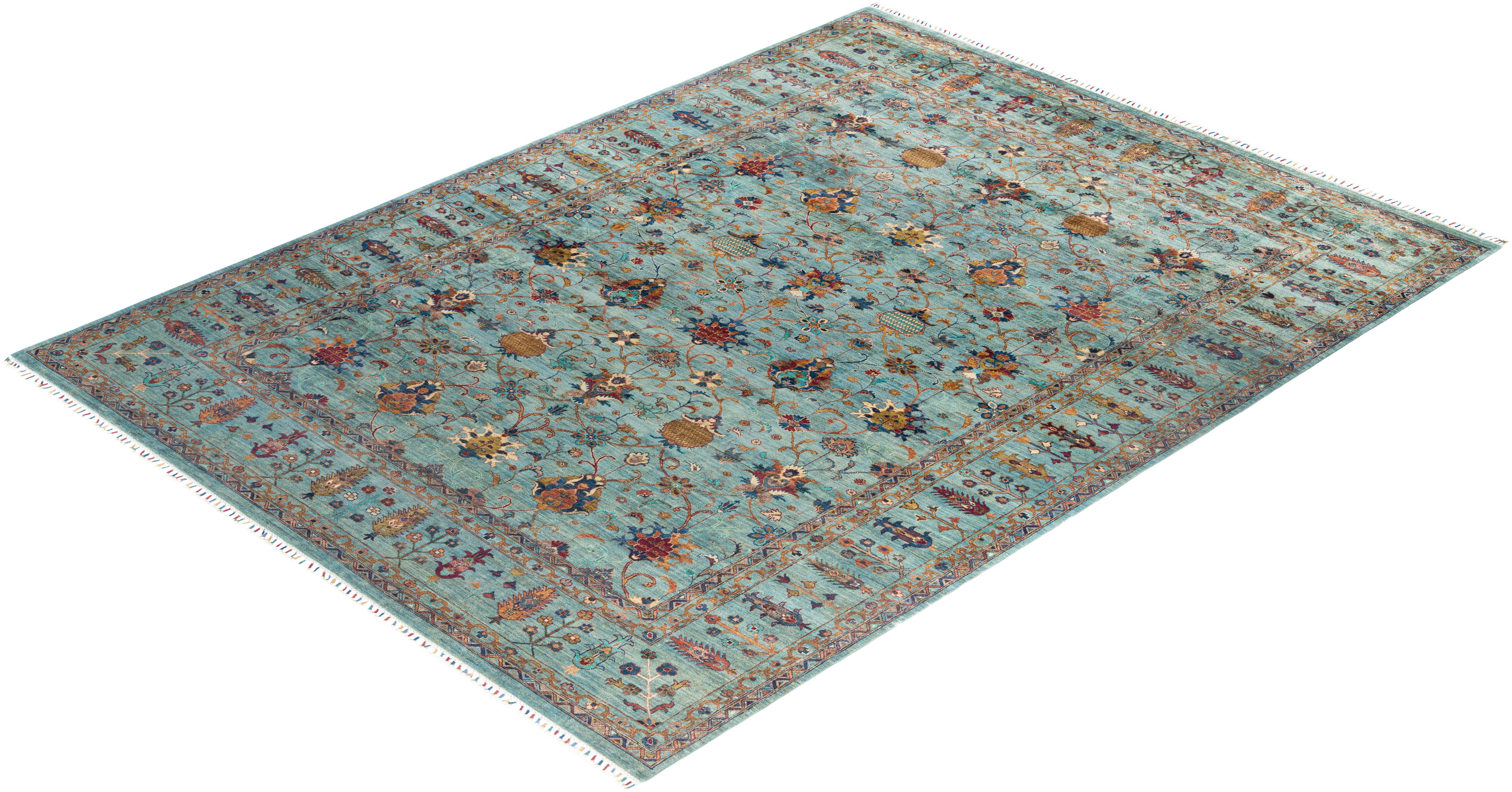 Bohemian Tribal Hand Knotted Wool Green Area Rug 8' 11
