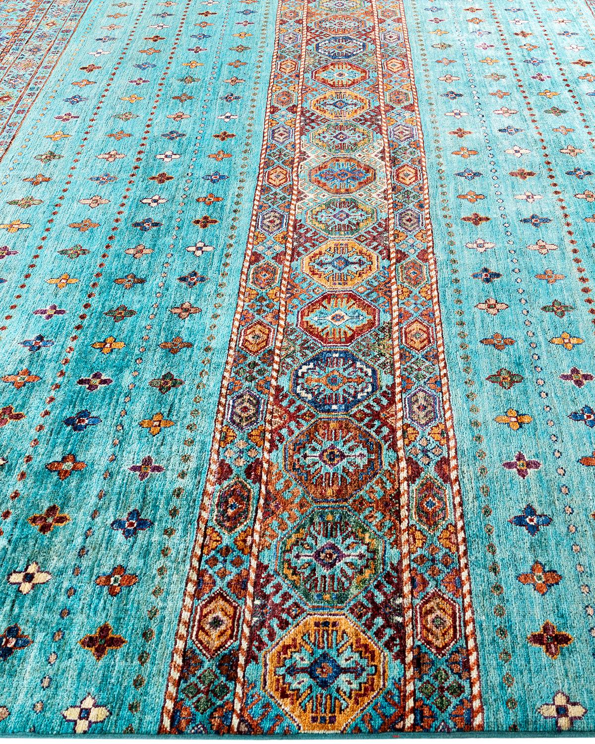 Noué à la main Tapis de laine vert de Bohème noué à la main 8' 2