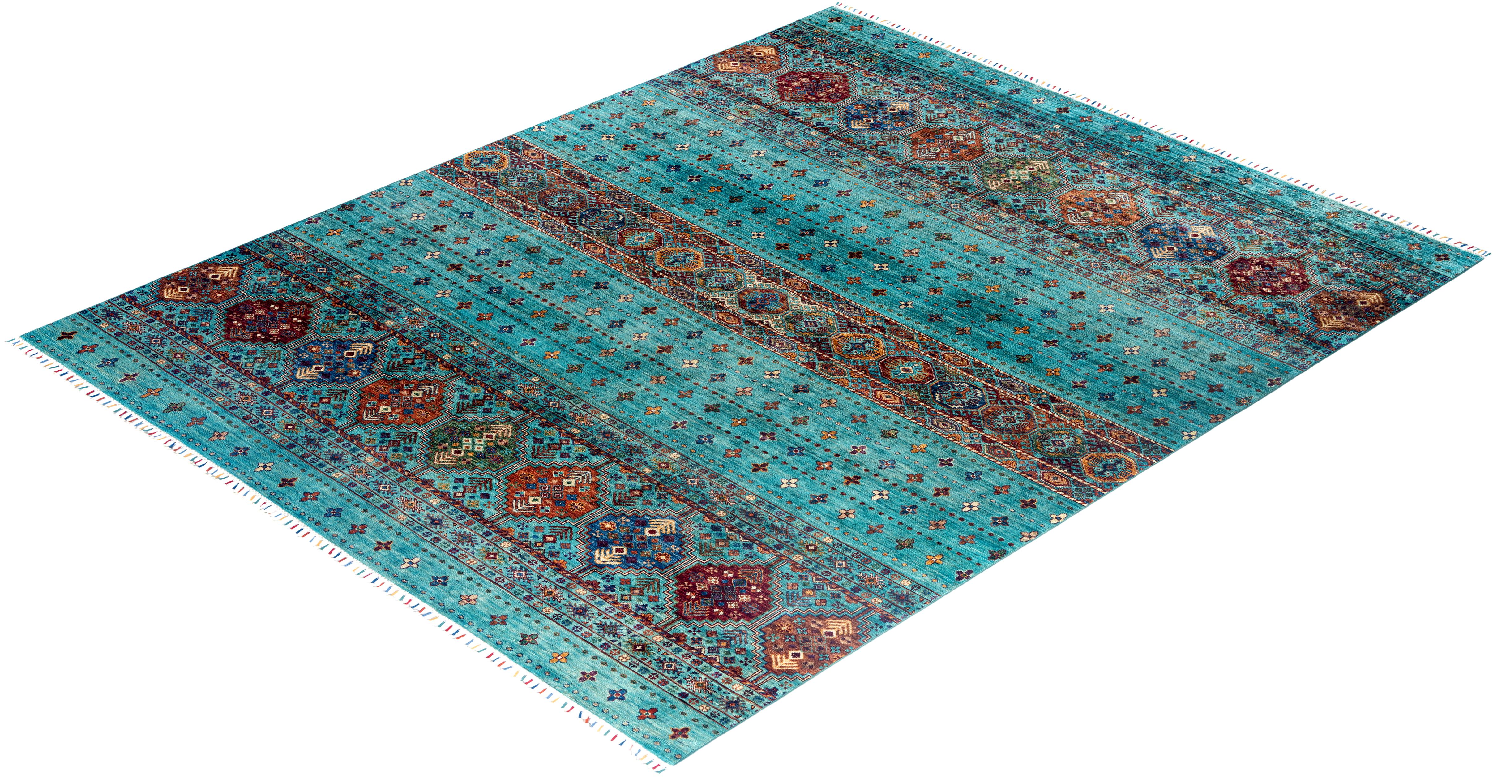 Tapis de laine vert de Bohème noué à la main 8' 2