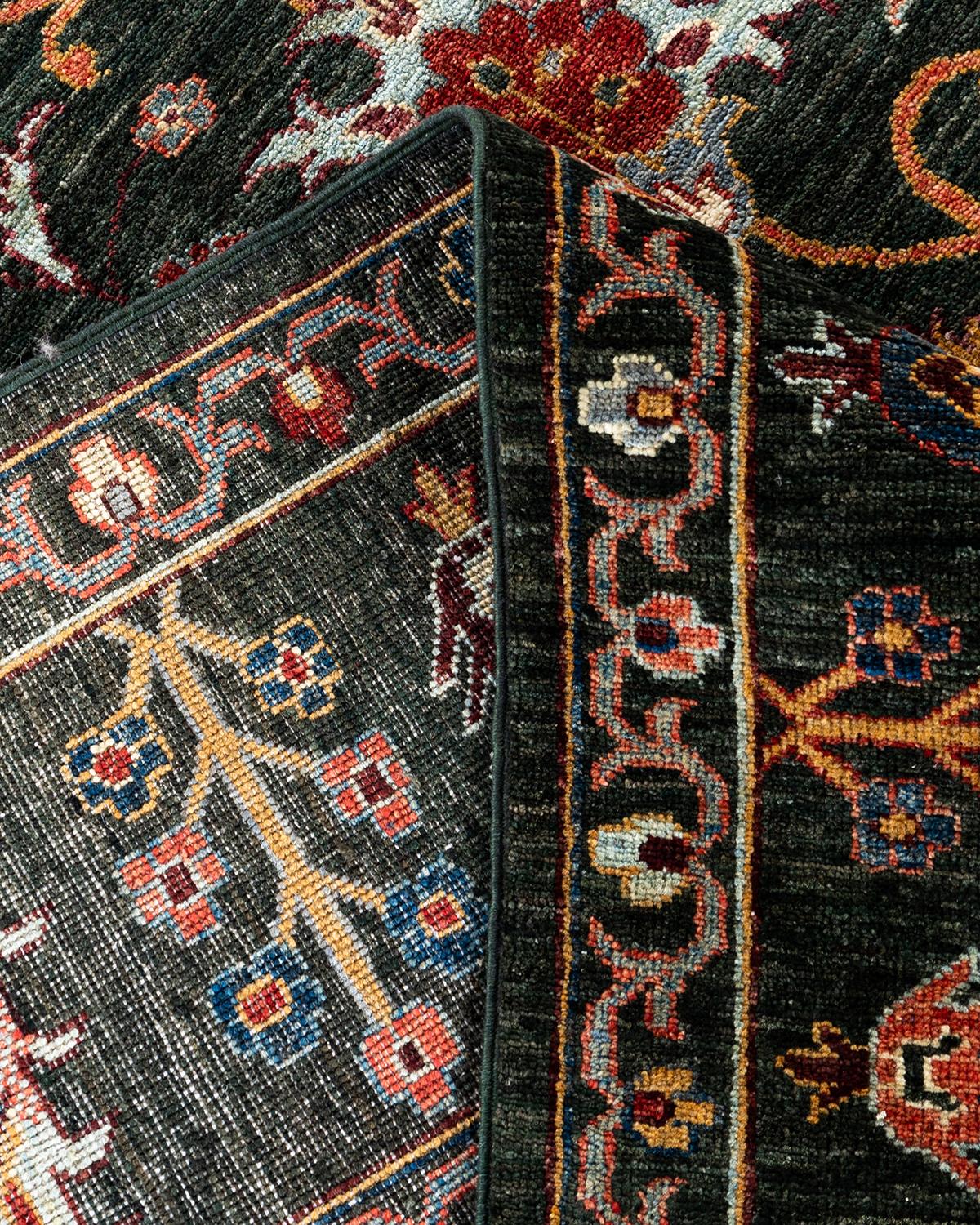 XXIe siècle et contemporain Tapis de laine vert de Bohème noué à la main 8' 2