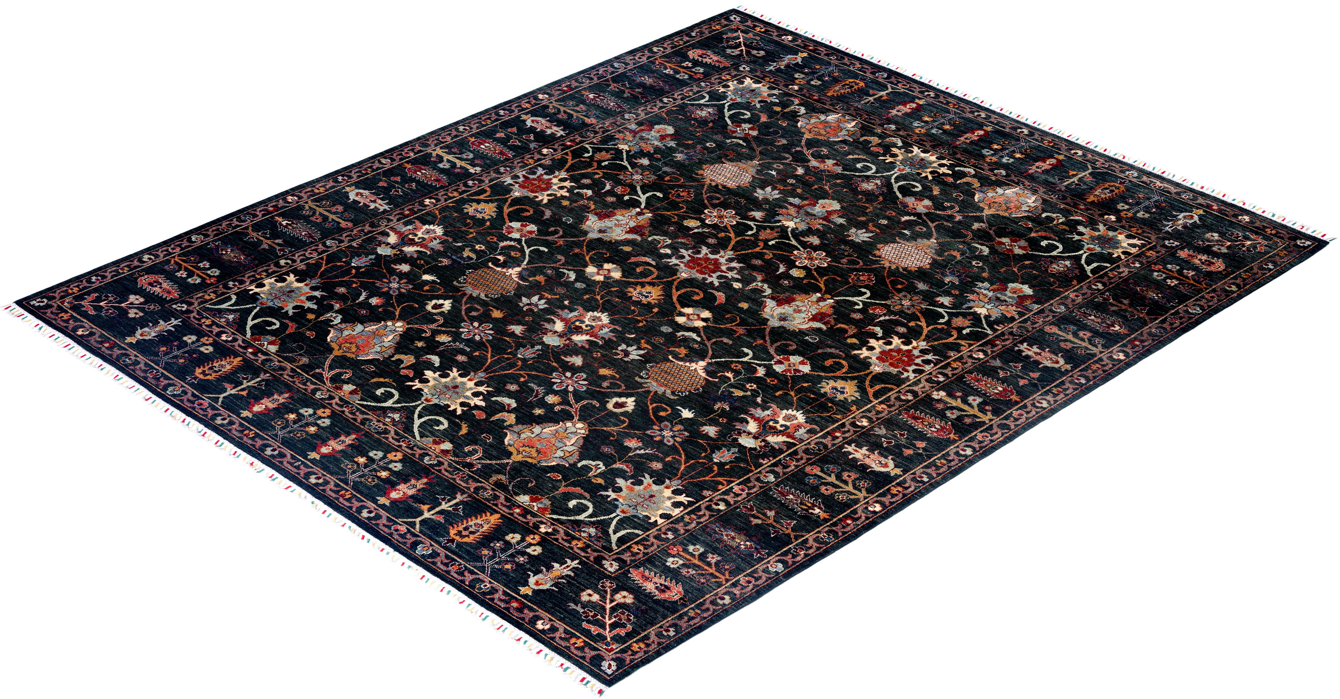 Tapis de laine vert de Bohème noué à la main 8' 2