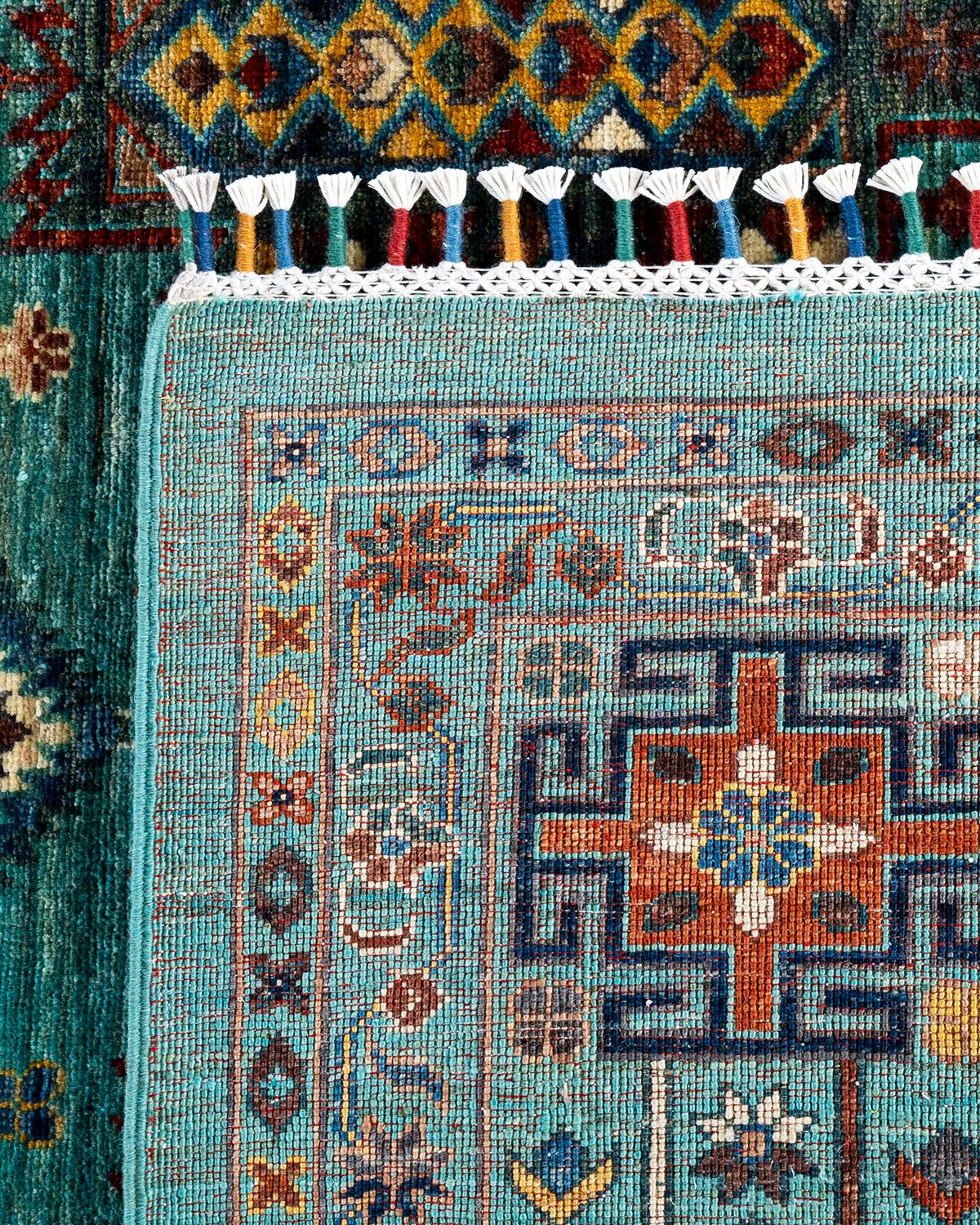 Tapis de laine vert de Bohème noué à la main 9' 2