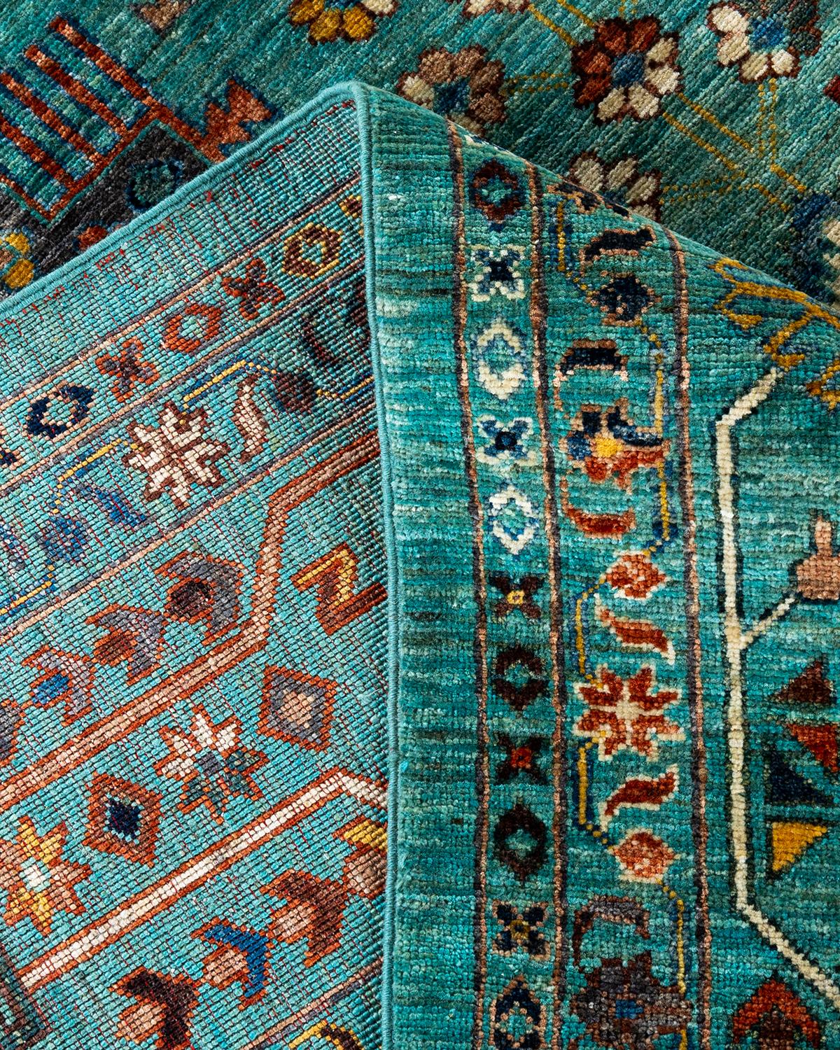 XXIe siècle et contemporain Tapis de laine vert de Bohème noué à la main 9' 2